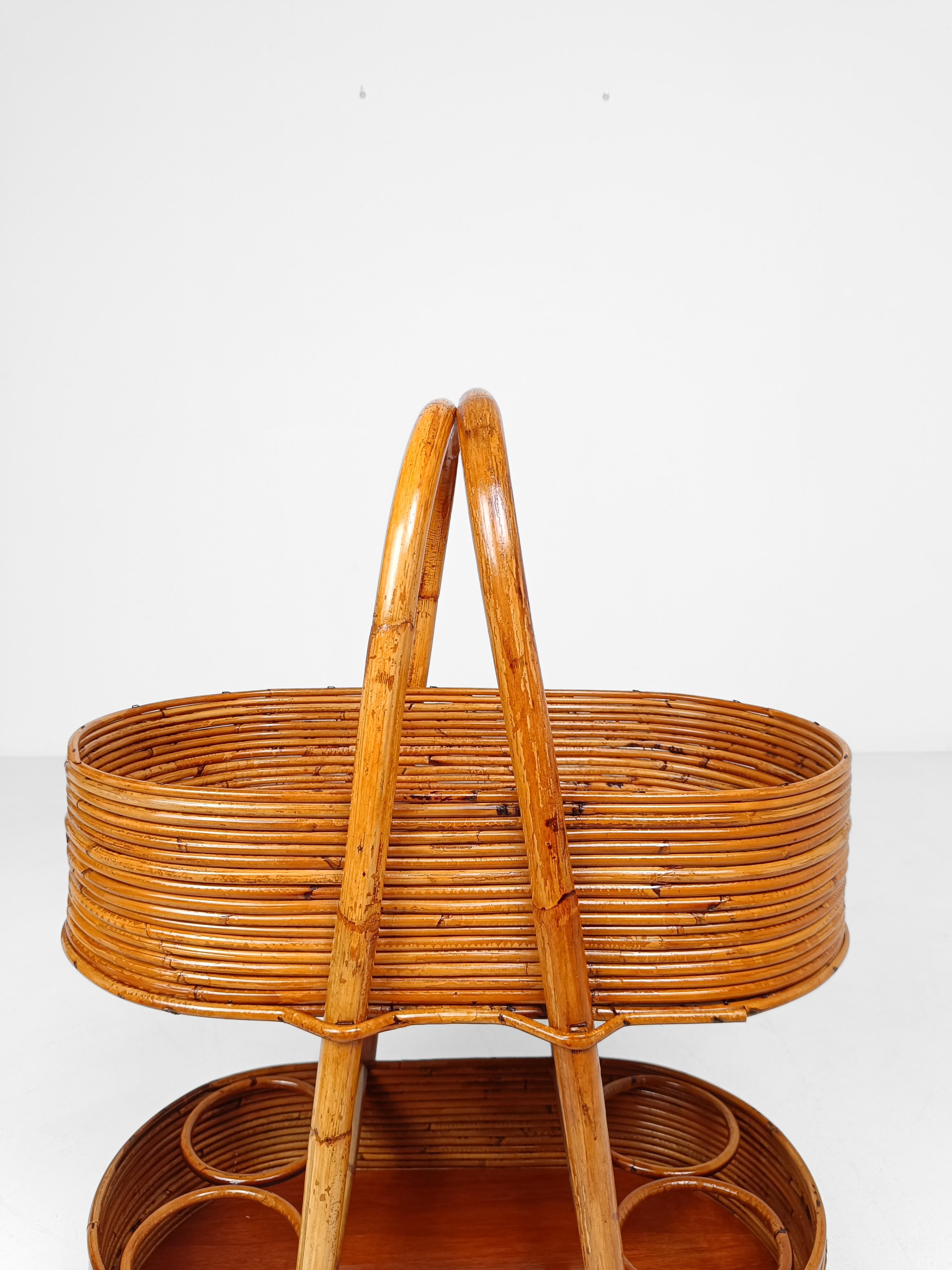 Italian Mid 20th Century Modern Bar Cart in Bamboo, Cane & Rattan, 1960s For Sale 12