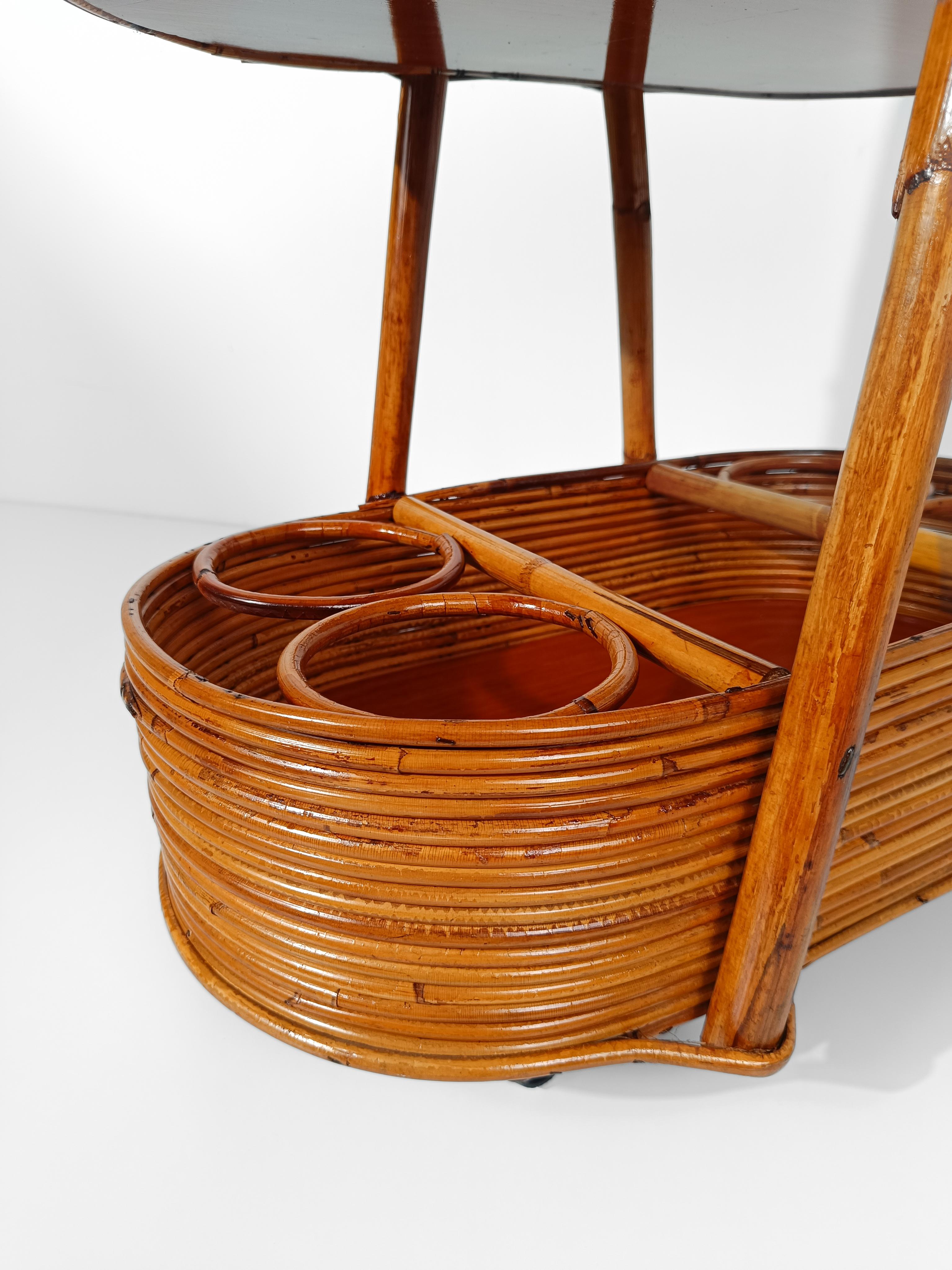Italian Mid 20th Century Modern Bar Cart in Bamboo, Cane & Rattan, 1960s For Sale 16