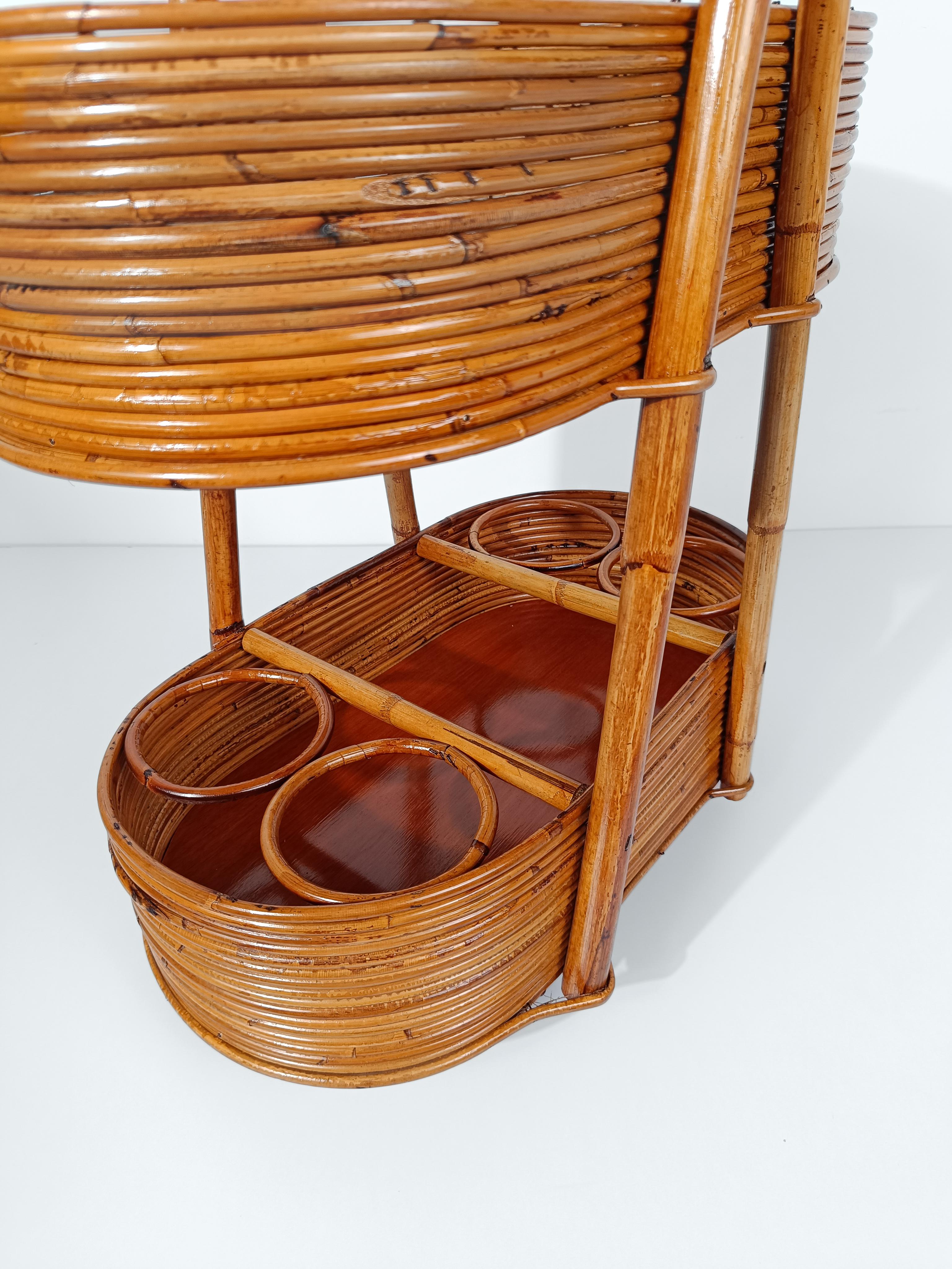 Italian Mid 20th Century Modern Bar Cart in Bamboo, Cane & Rattan, 1960s In Good Condition For Sale In Roma, IT