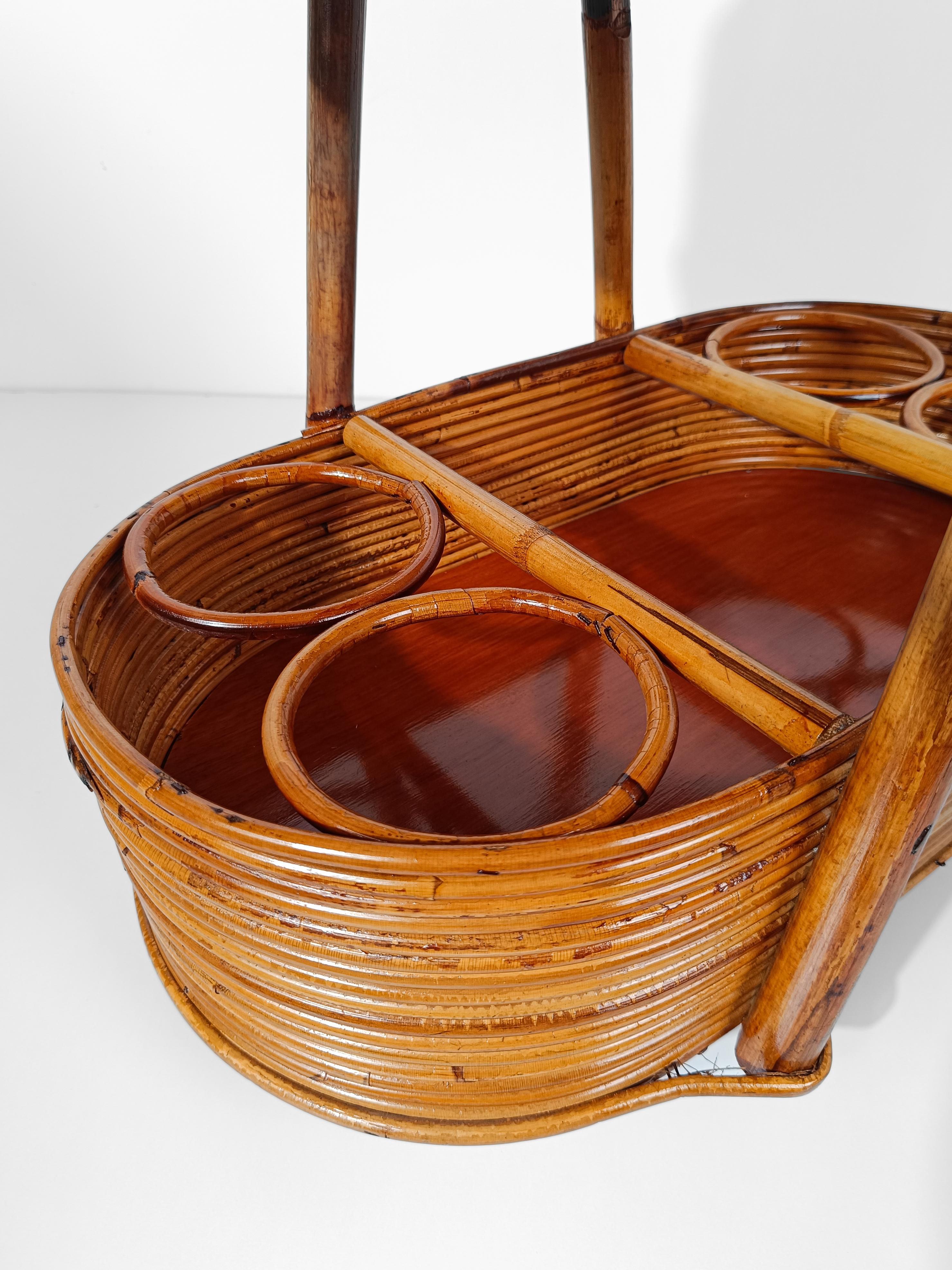 Italian Mid 20th Century Modern Bar Cart in Bamboo, Cane & Rattan, 1960s For Sale 1