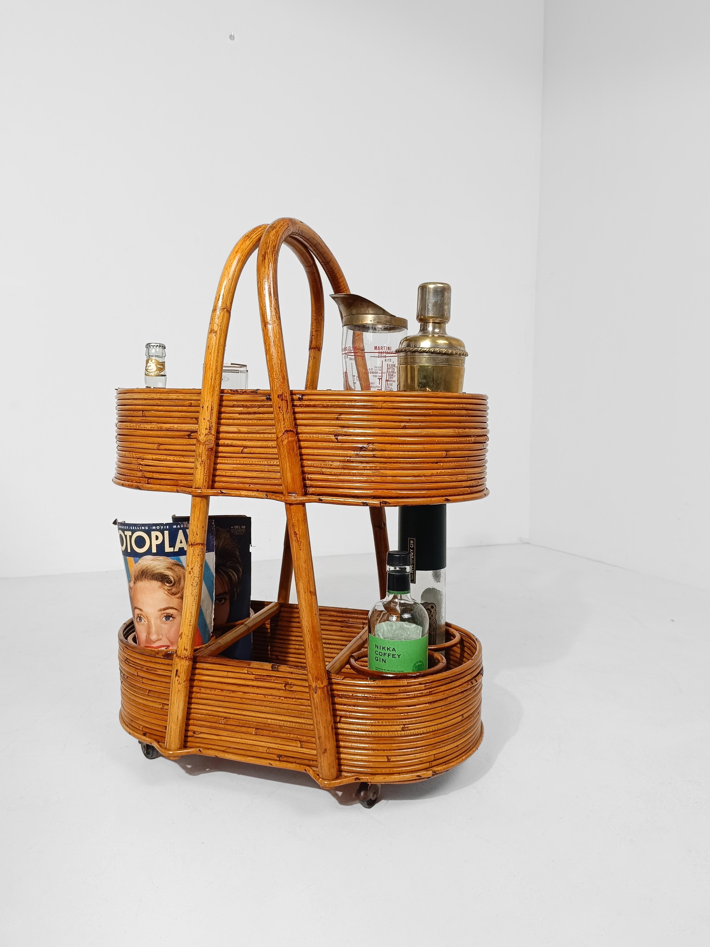 Italian Mid 20th Century Modern Bar Cart in Bamboo, Cane & Rattan, 1960s For Sale 2