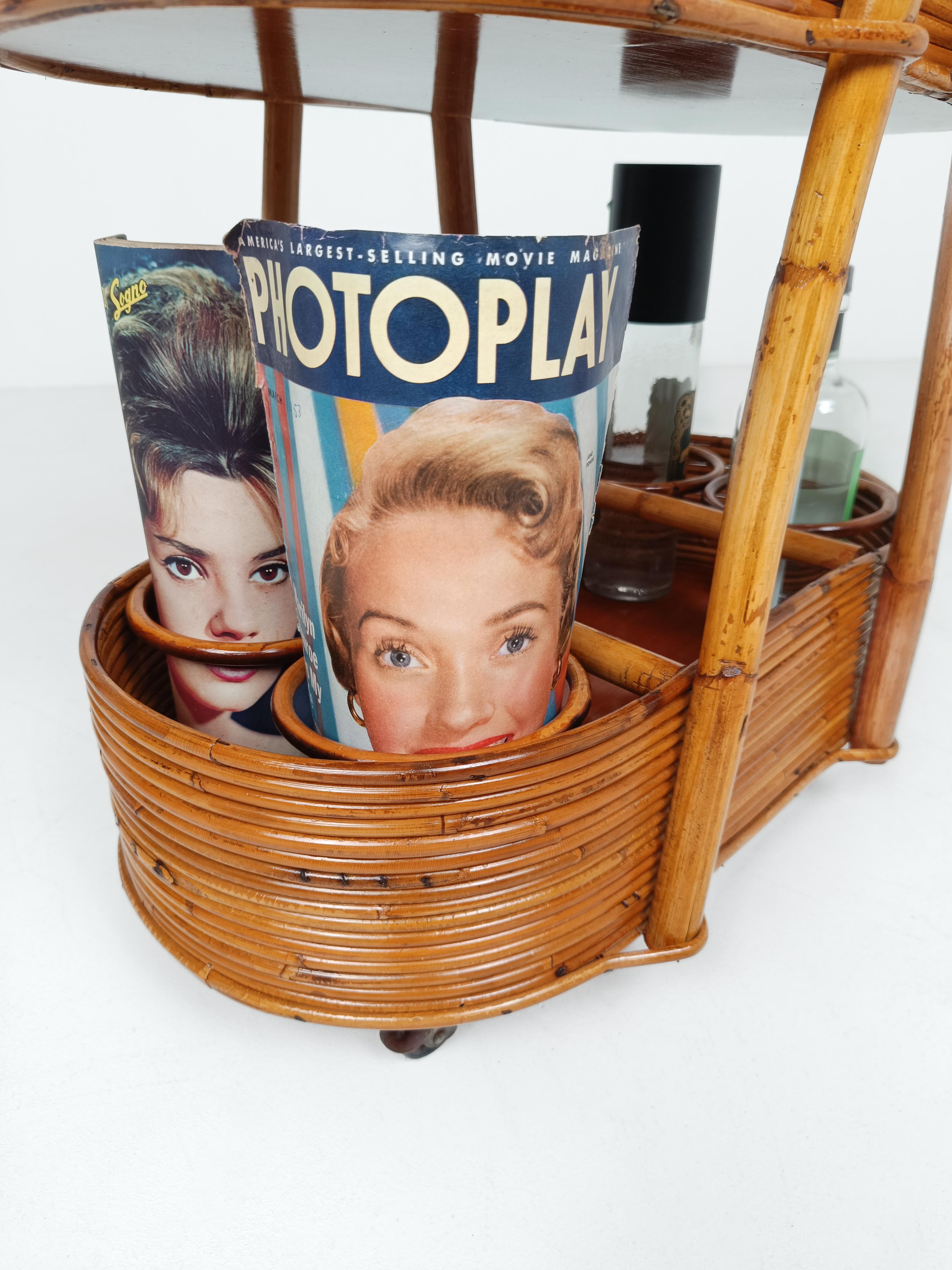 Italian Mid 20th Century Modern Bar Cart in Bamboo, Cane & Rattan, 1960s For Sale 3