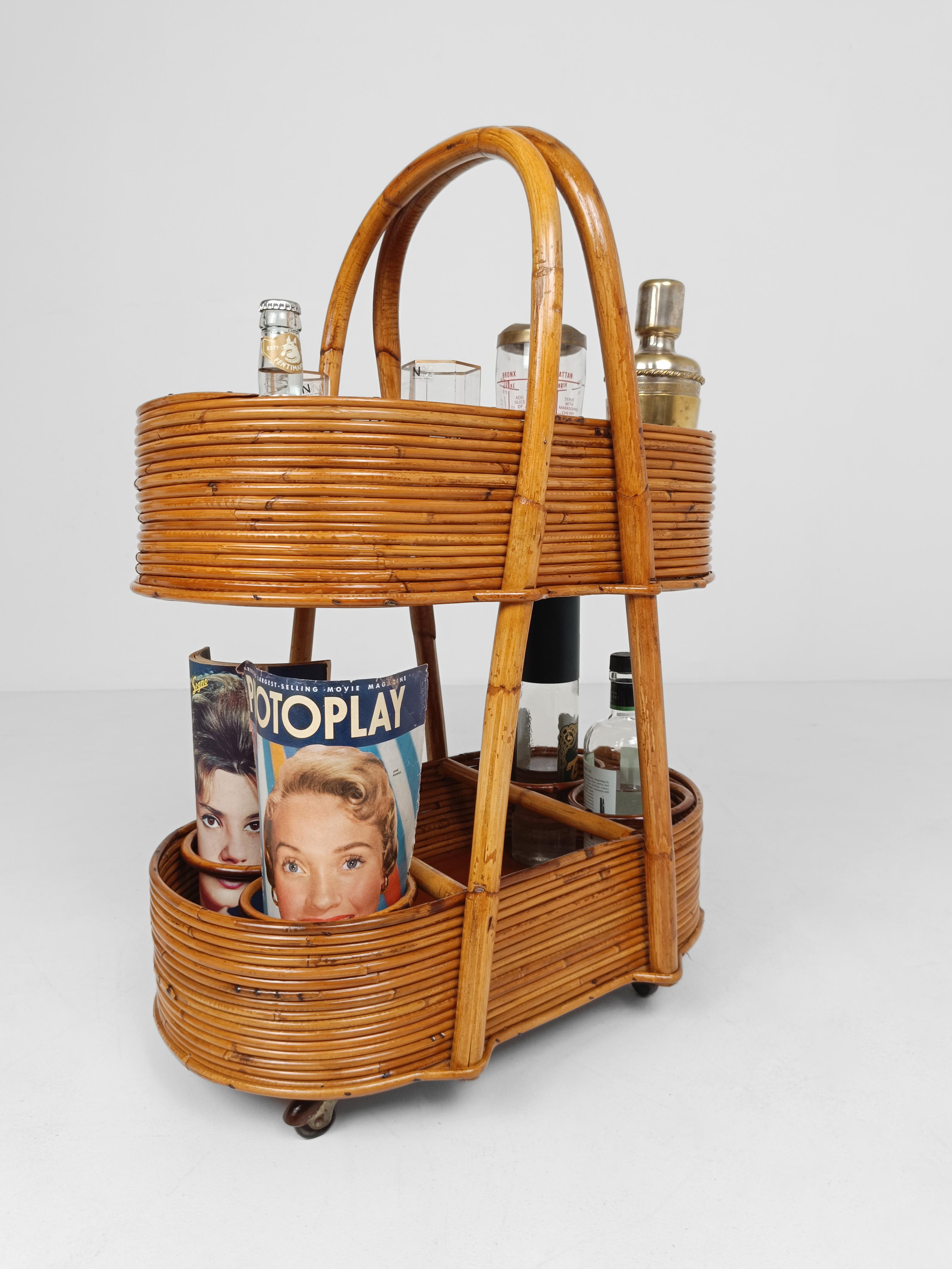Italian Mid 20th Century Modern Bar Cart in Bamboo, Cane & Rattan, 1960s For Sale 4