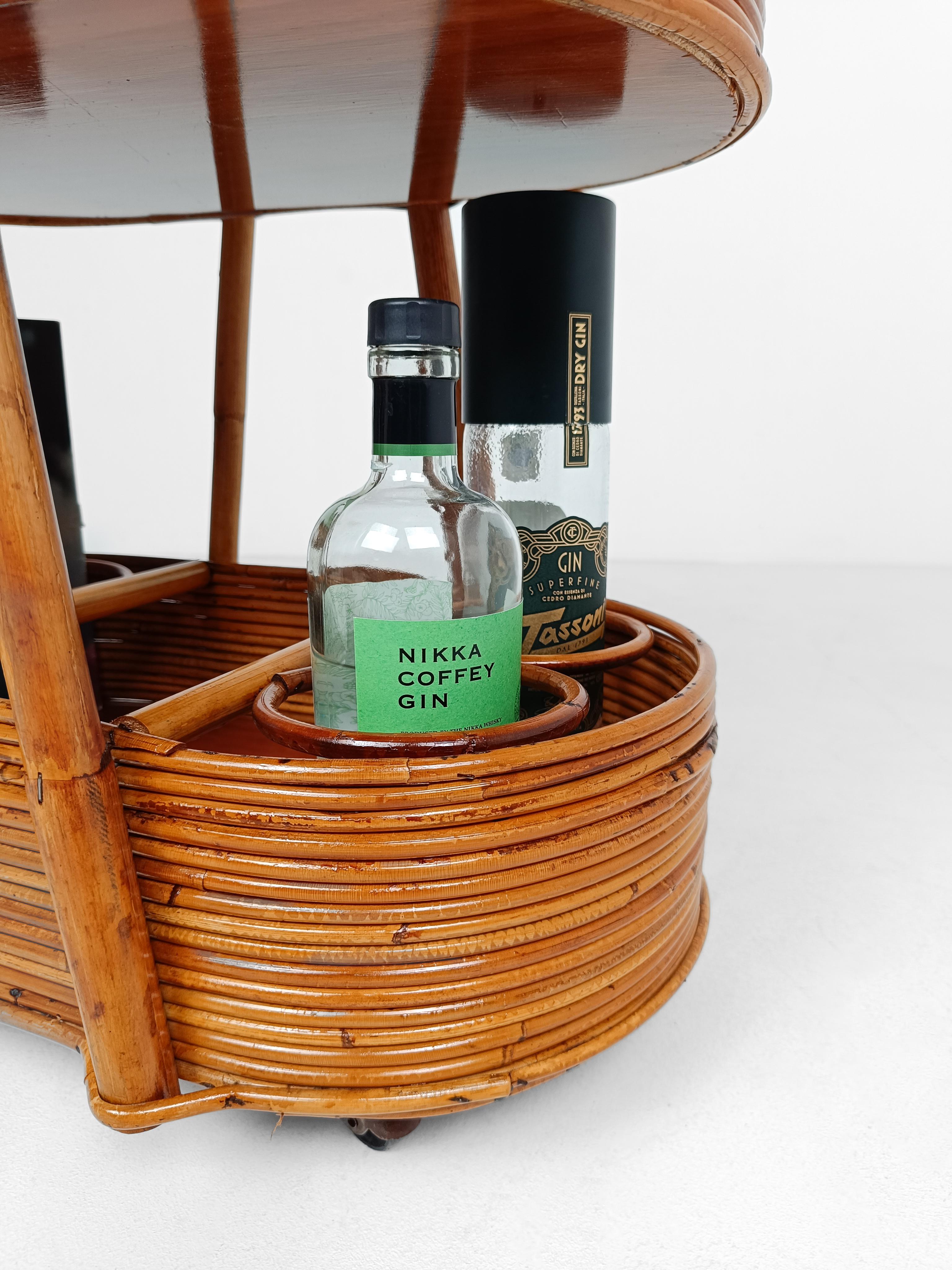 Italian Mid 20th Century Modern Bar Cart in Bamboo, Cane & Rattan, 1960s For Sale 5