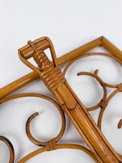 Italian Mid-20th Century Modern Cane, Rattan & Bamboo Wall-Mounted Coat Rack