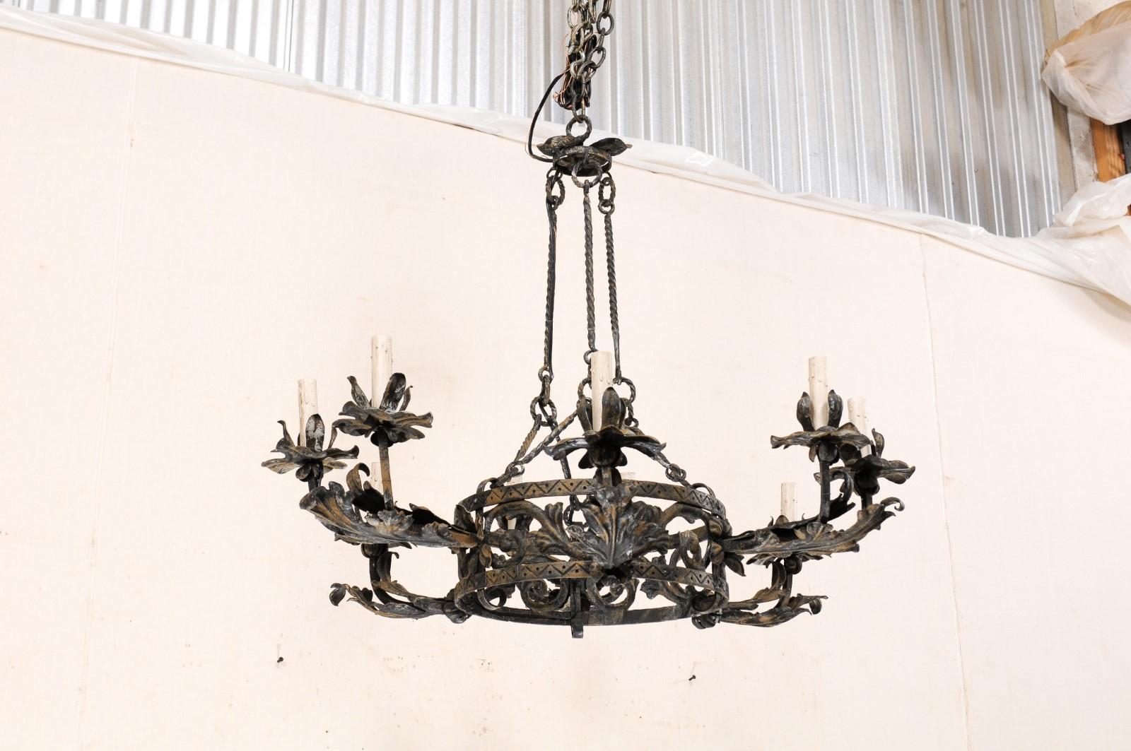 Italian Nine-Light Forged-Iron Chandelier in Foliage Motif, Re-Wired for USA In Good Condition In Atlanta, GA
