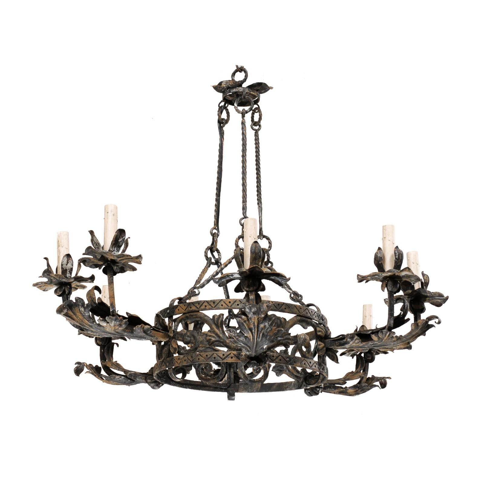 Italian Nine-Light Forged-Iron Chandelier in Foliage Motif, Re-Wired for USA
