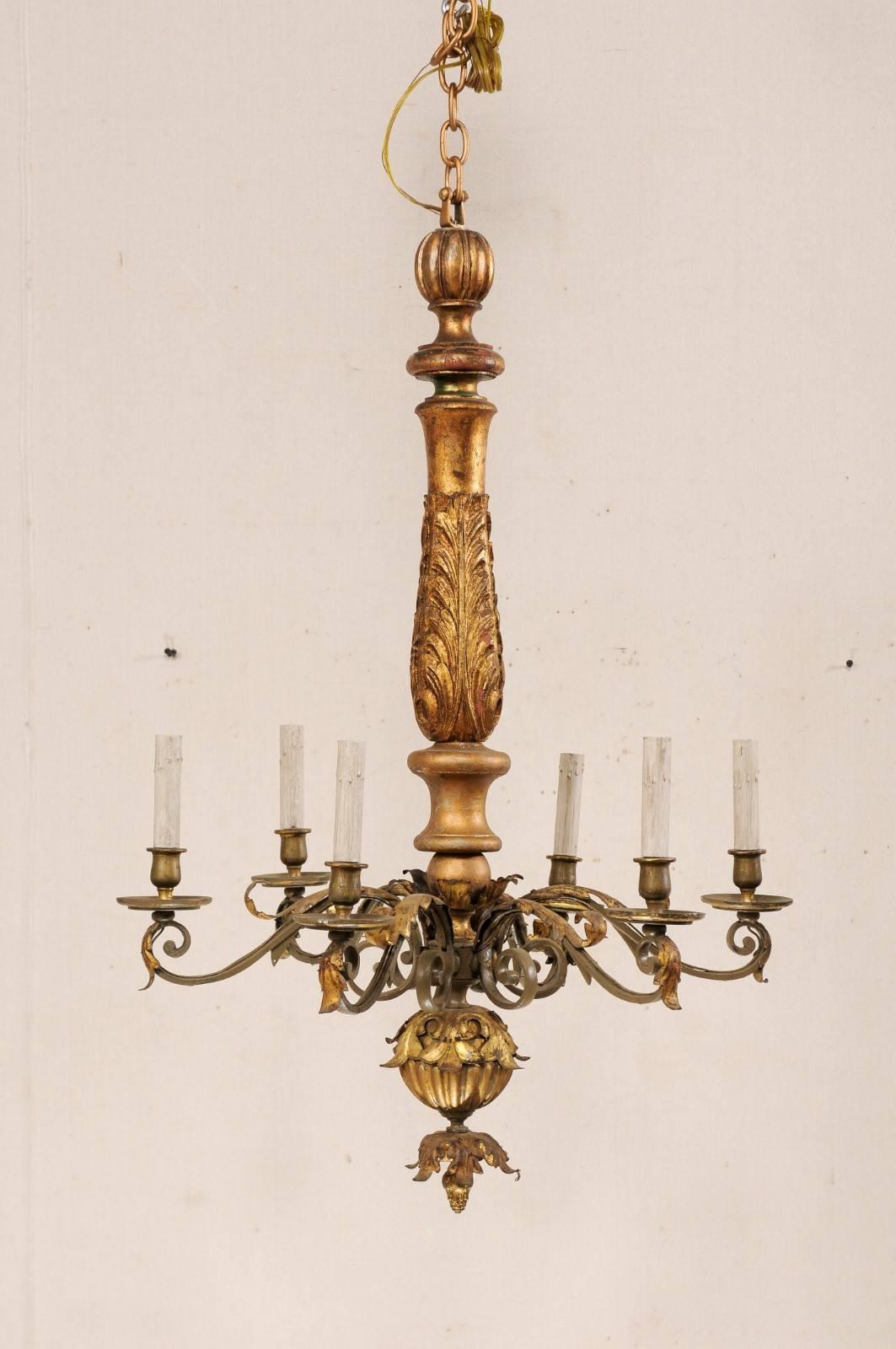 An Italian Acanthus-Carved Wood Column Chandelier w/Six Scrolled Metal Arms  In Good Condition In Atlanta, GA