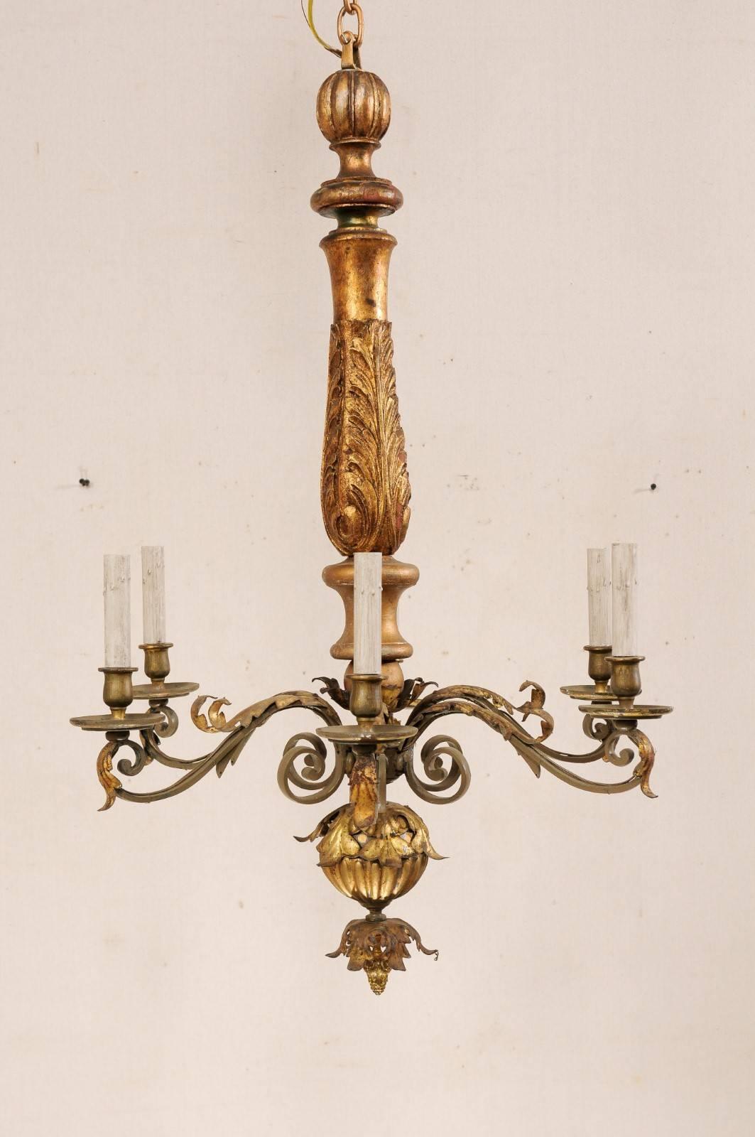 20th Century An Italian Acanthus-Carved Wood Column Chandelier w/Six Scrolled Metal Arms 