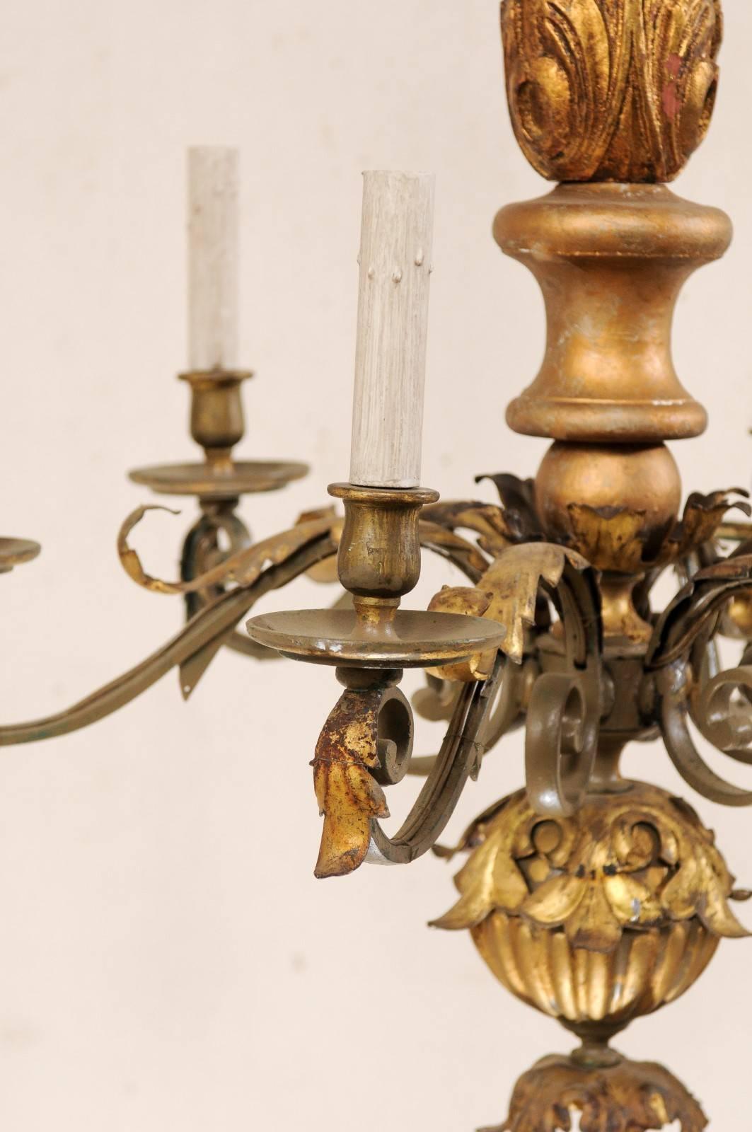 An Italian Acanthus-Carved Wood Column Chandelier w/Six Scrolled Metal Arms  2