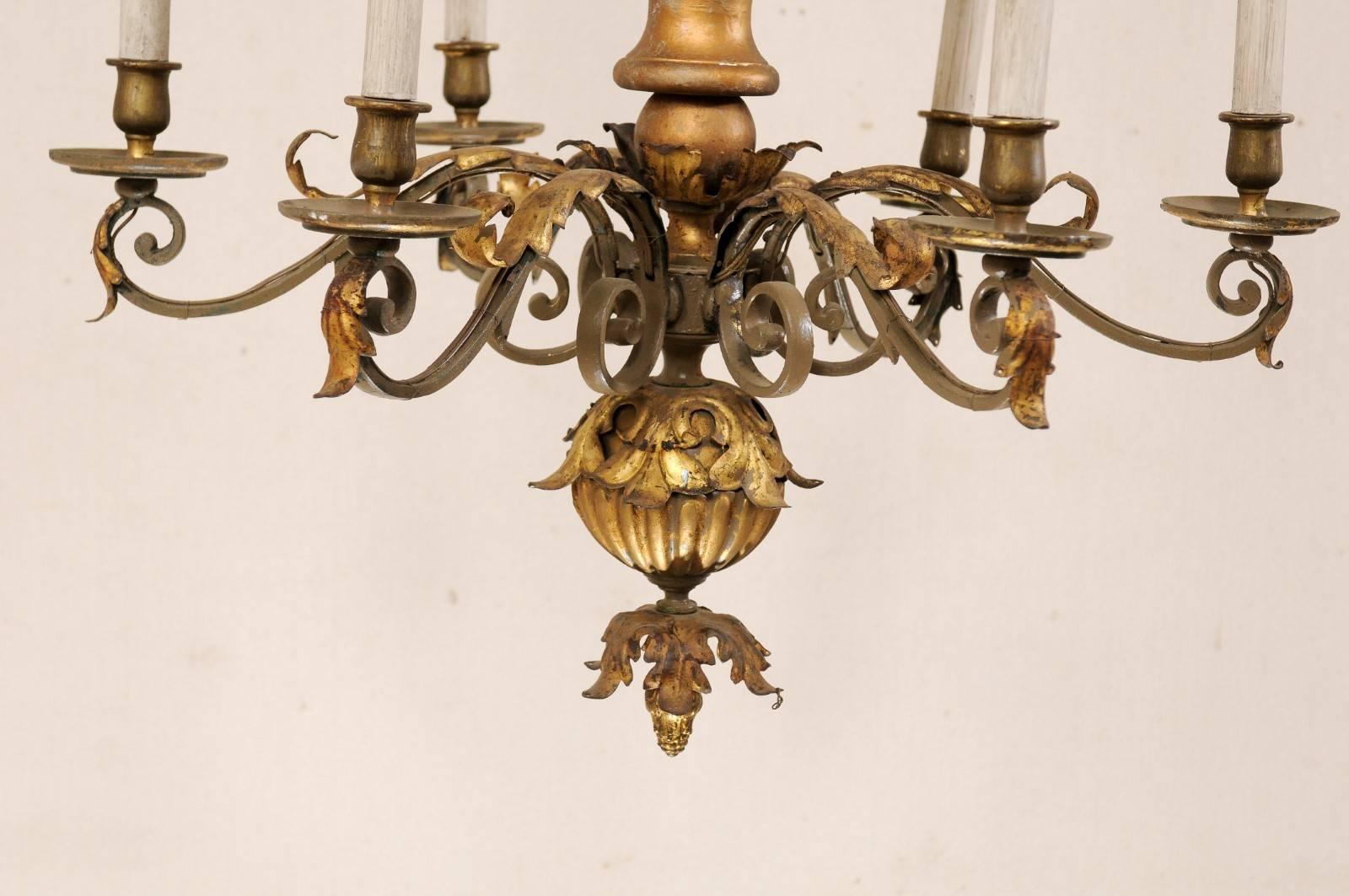 An Italian Acanthus-Carved Wood Column Chandelier w/Six Scrolled Metal Arms  4
