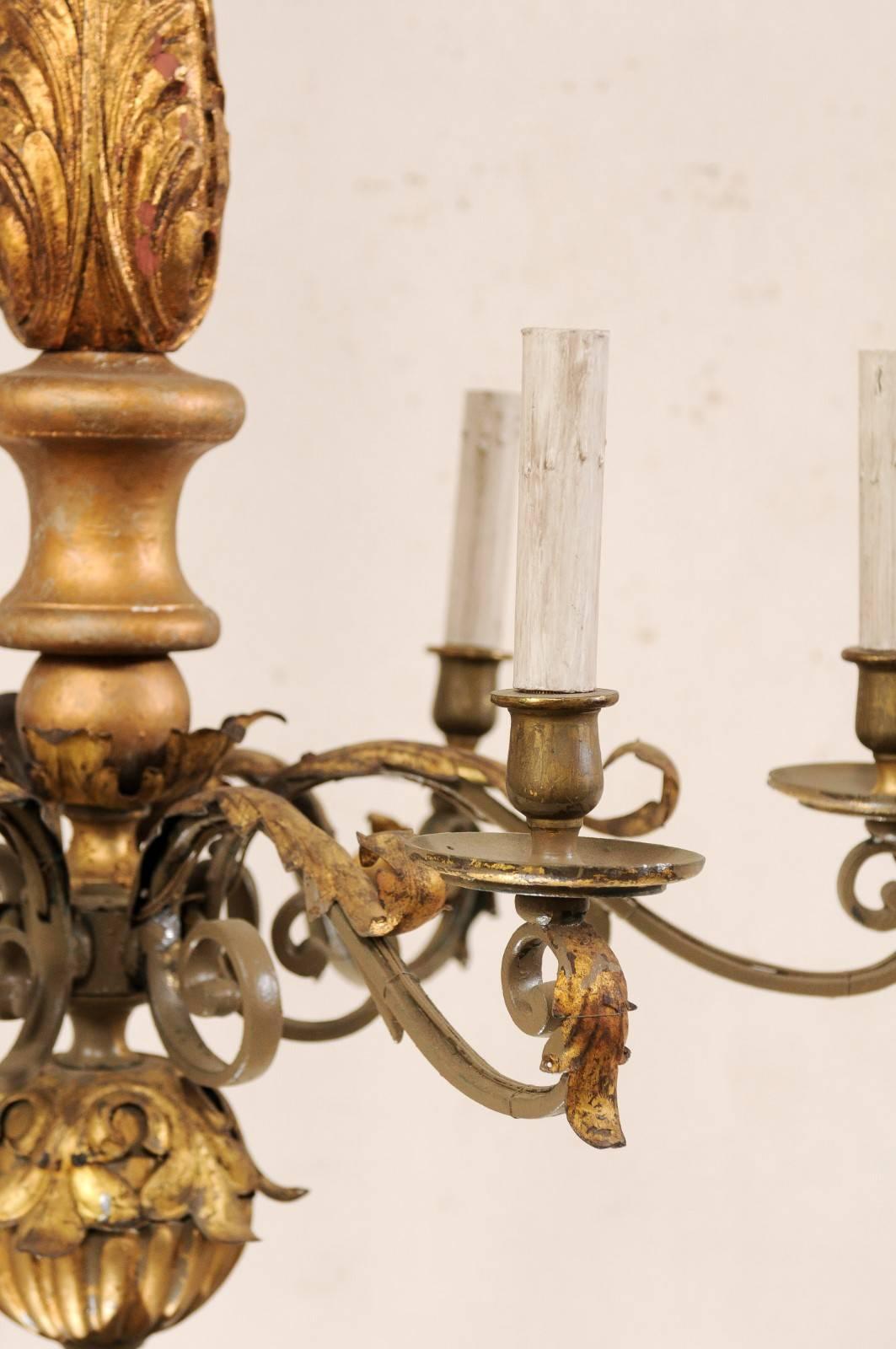 An Italian Acanthus-Carved Wood Column Chandelier w/Six Scrolled Metal Arms  5