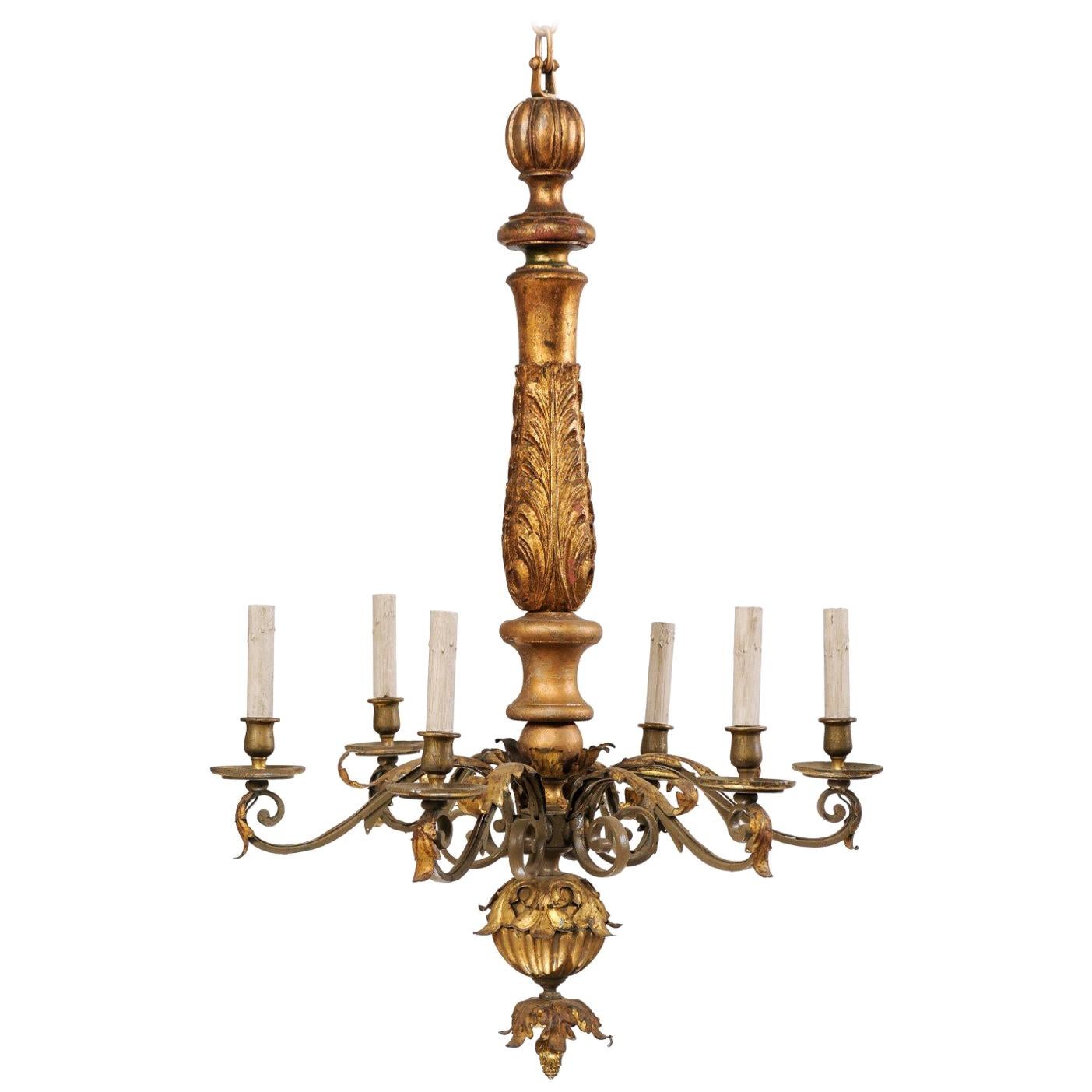 An Italian Acanthus-Carved Wood Column Chandelier w/Six Scrolled Metal Arms 