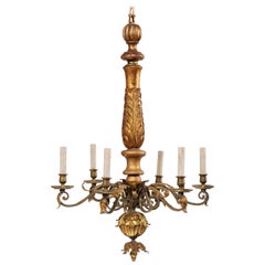 An Italian Acanthus-Carved Wood Column Chandelier w/Six Scrolled Metal Arms 