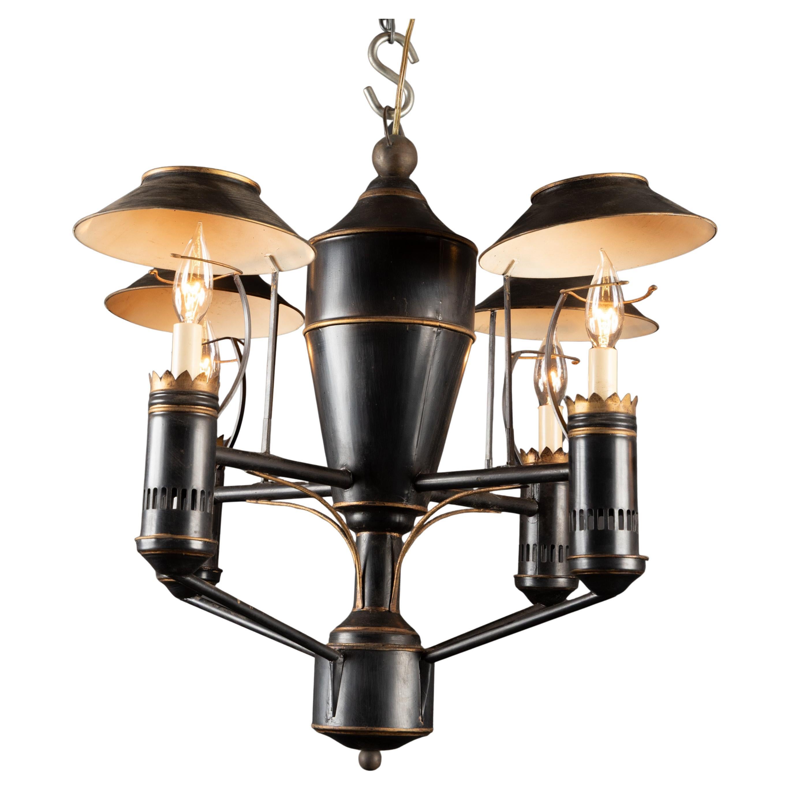 Italian Mid 20th Century Painted Black and Gold Leaf on Tole Chandelier