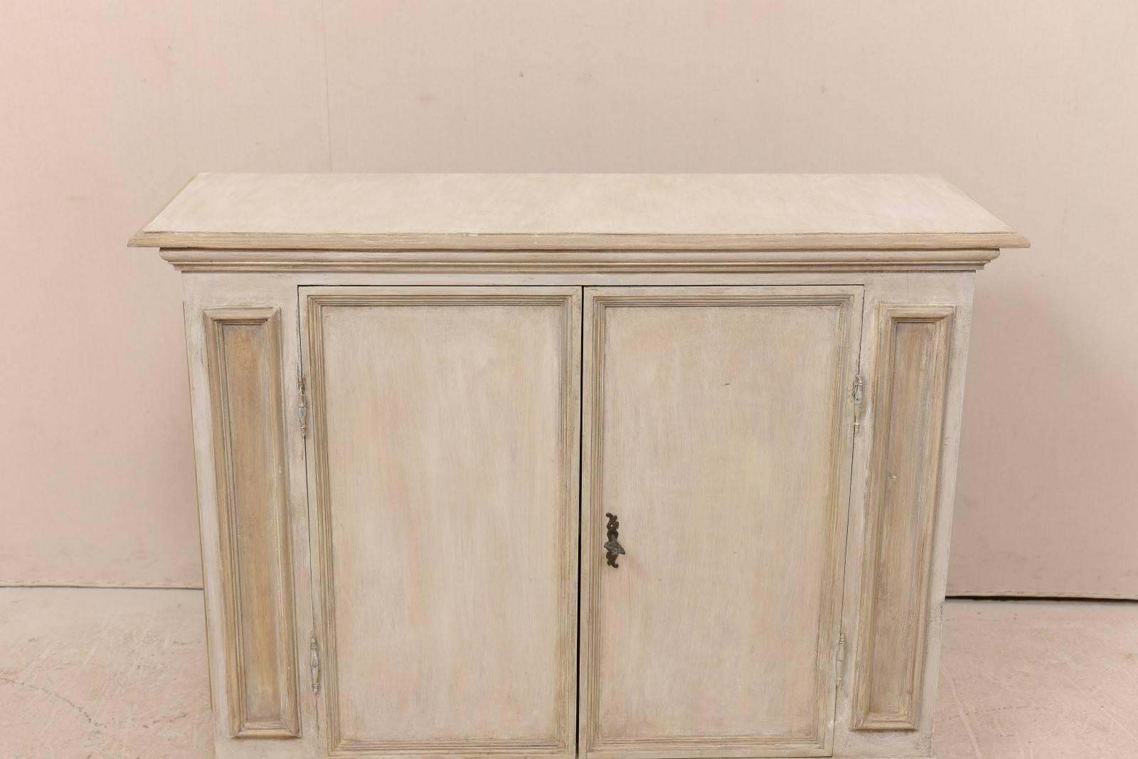 Carved Italian Mid-20th Century Painted Wood Two-Door Cabinet in Neutral Light Beige
