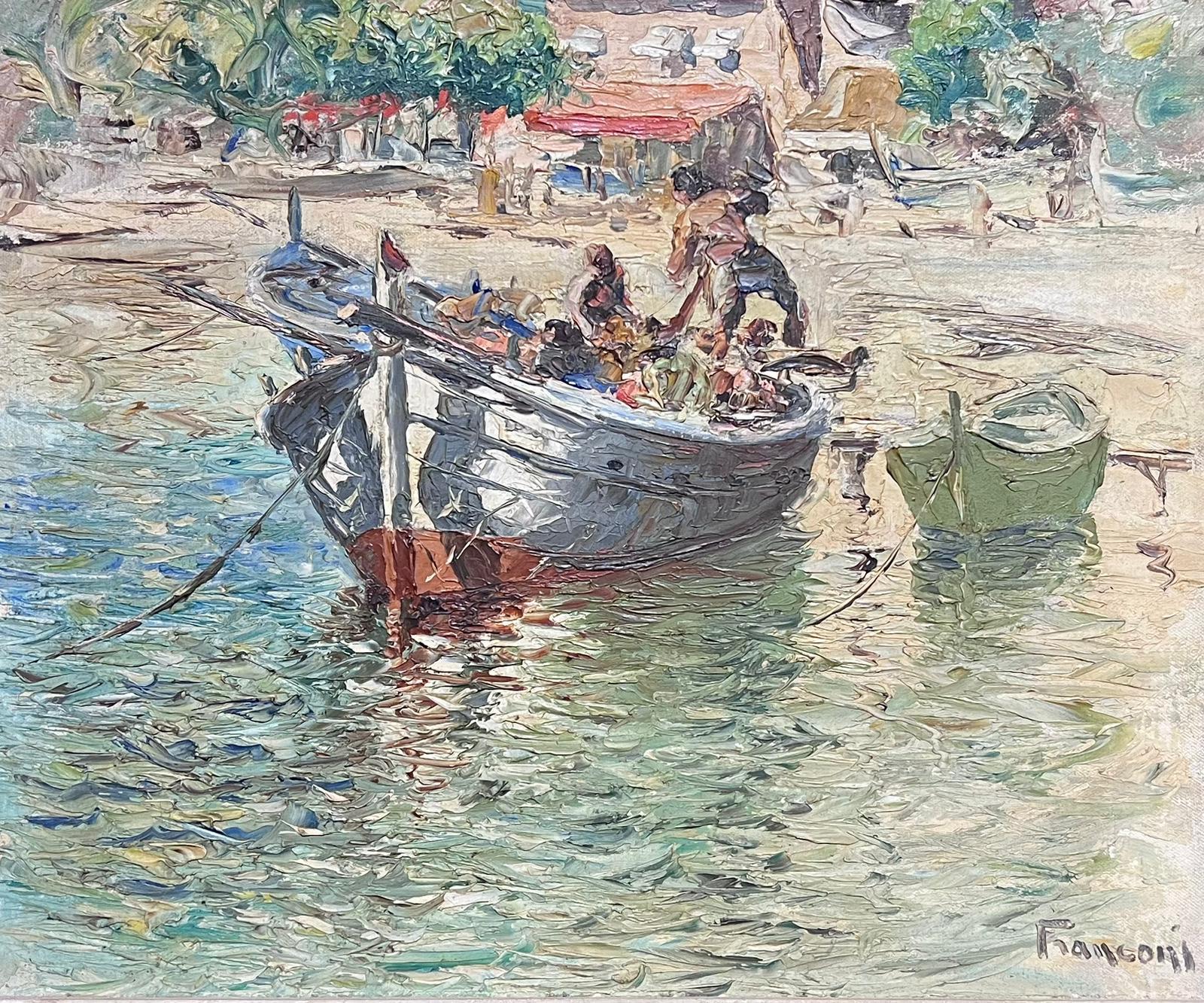 Signed Italian Oil Painting c. 1950's Fishing Boat Sunny Beach Side Sea Scene - Gray Figurative Painting by Italian Mid 20th Century