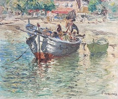 Signed Italian Oil Painting c. 1950's Fishing Boat Sunny Beach Side Sea Scene