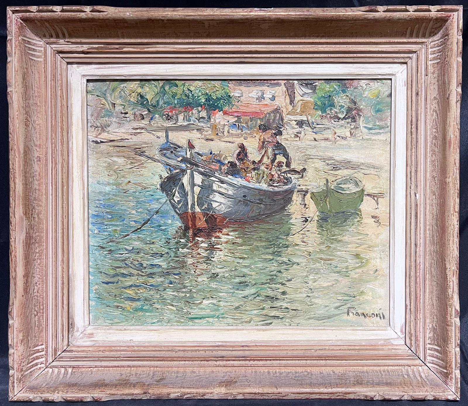 Peinture à l'huile italienne signée c. 1950's Bateau de pêche Sunny Beach Side Sea Scene