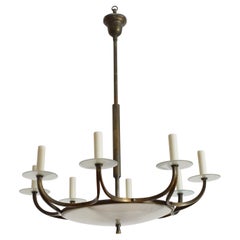 Italian, Mid 20th century, Patinated Brass & Glass Domed 12-Light Chandelier
