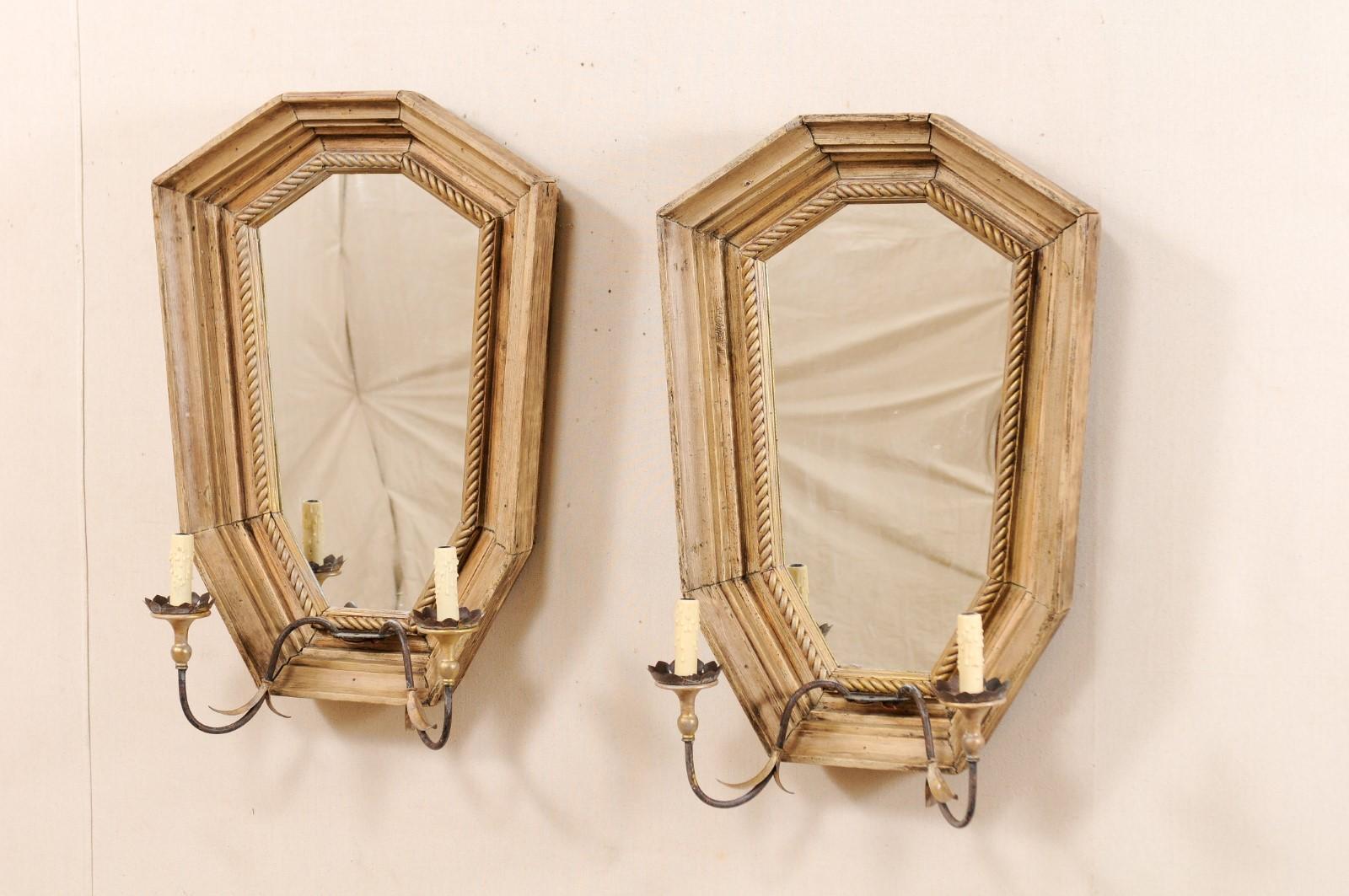 Carved Italian Mid-20th Century Sconces with Large Mirrored Back-Plate
