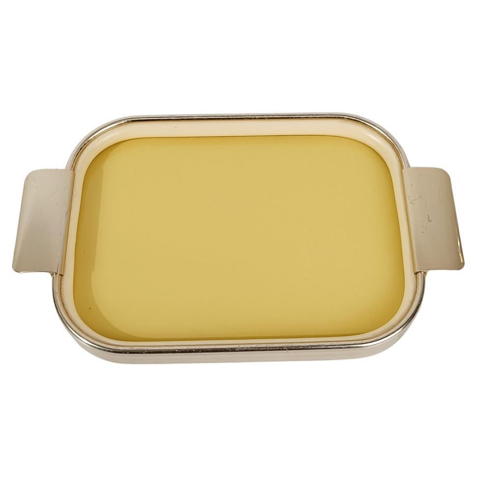 Italian Mid 20th Century Tray in Gilt Aluminum and Butter Yellow Glass. 60s For Sale
