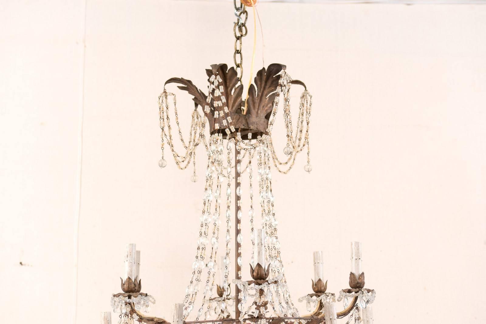 Painted Italian Mid-20th Century Twelve-Light Crystal Basket-Shaped Chandelier