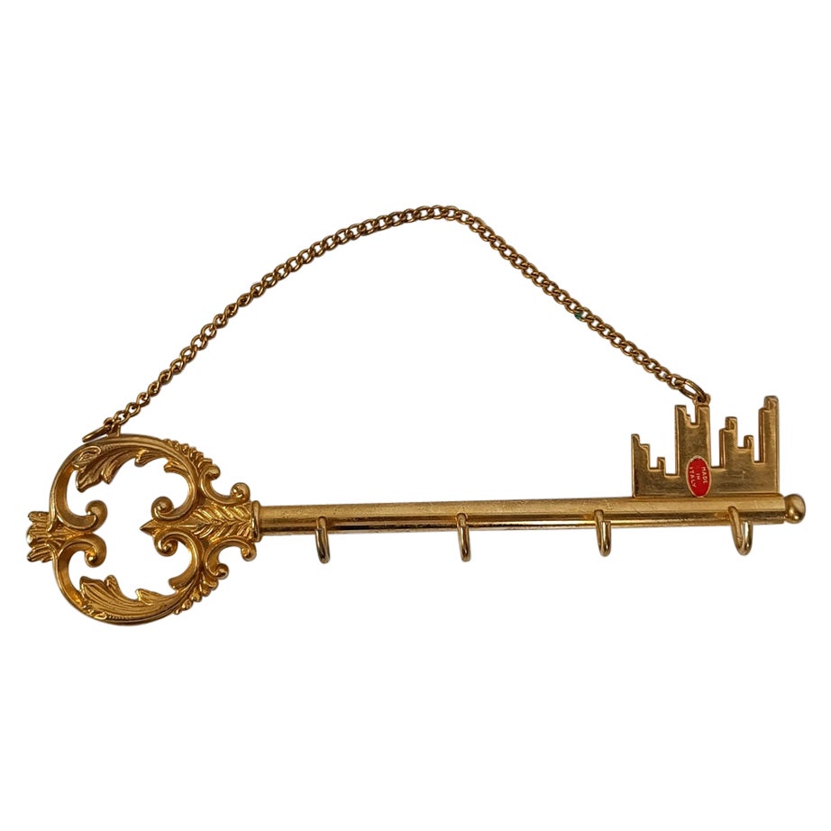 Italian Mid 20th Century Wall Keys Rack with Heavy Brass Ornate Key Shape, 50s For Sale