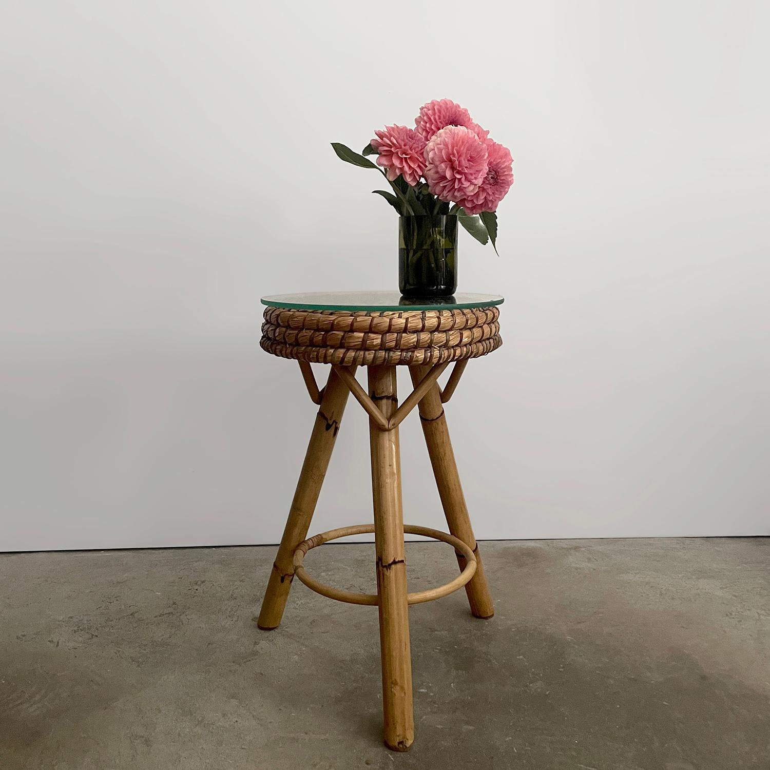 20th Century Italian Mid Centiry Rattan & Bamboo Tripod Side Table For Sale