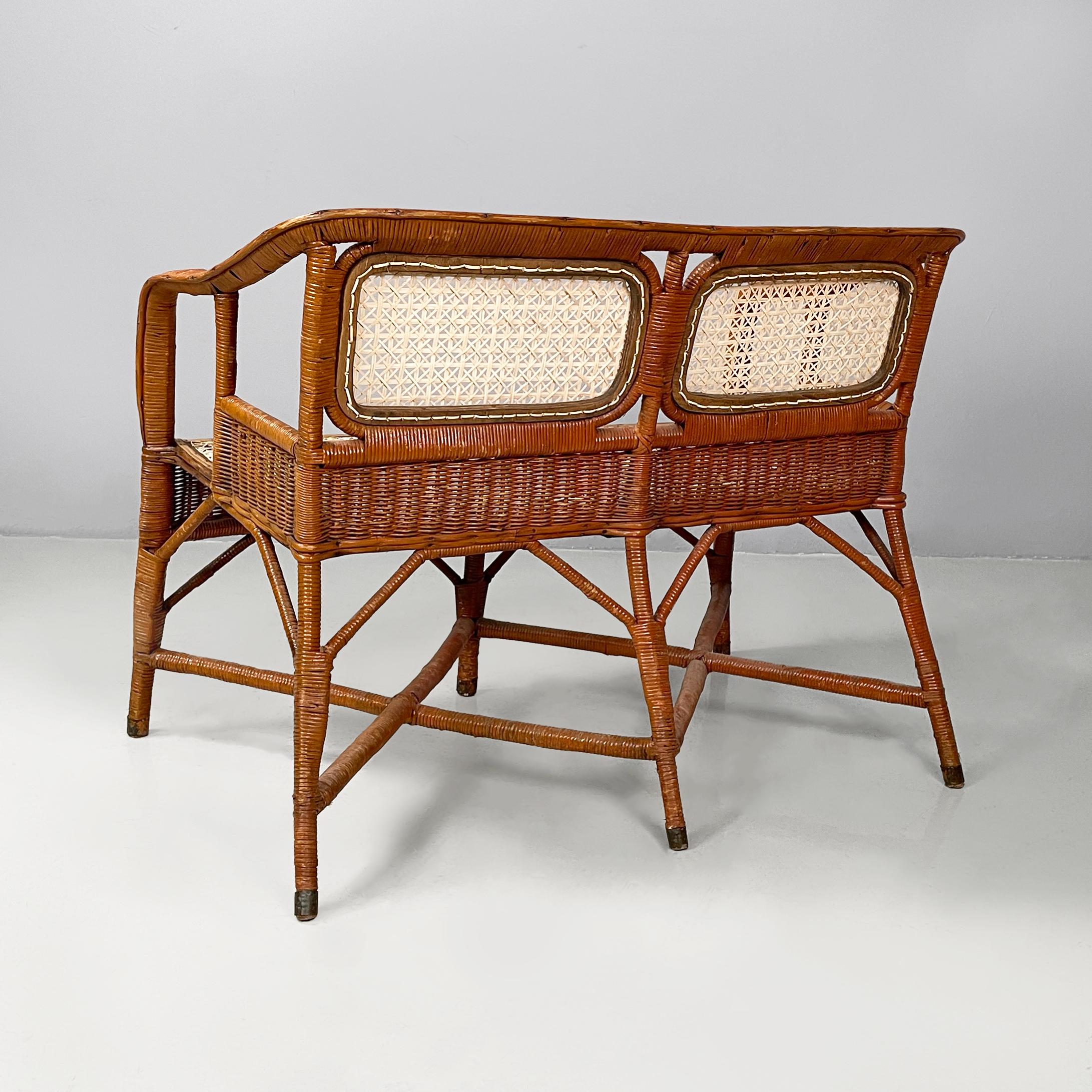 Italian Mid-centrury Modern Two-seater outdoor bench in woven rattan, 1960s In Fair Condition For Sale In MIlano, IT