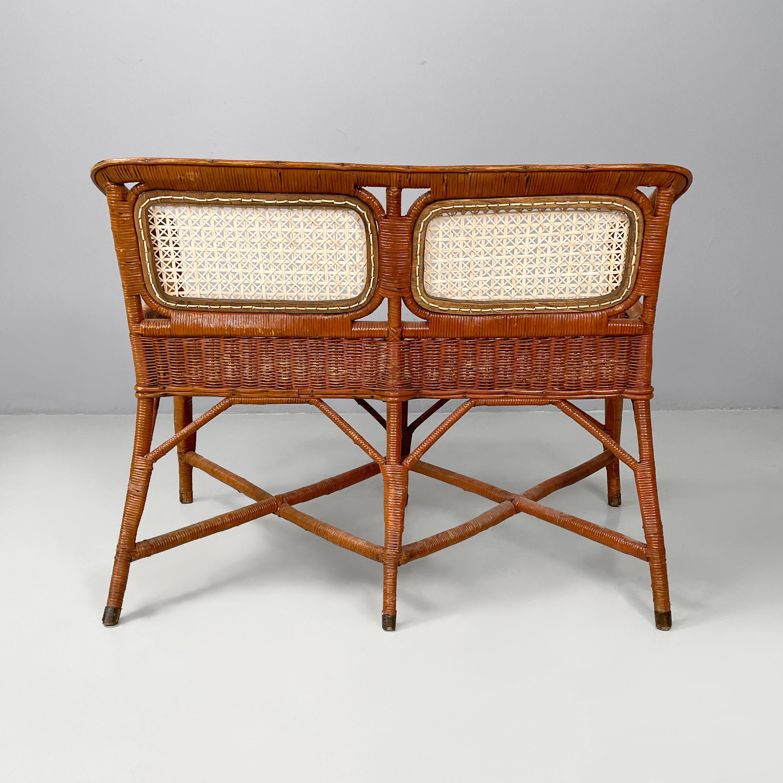 Mid-20th Century Italian Mid-centrury Modern Two-seater outdoor bench in woven rattan, 1960s For Sale