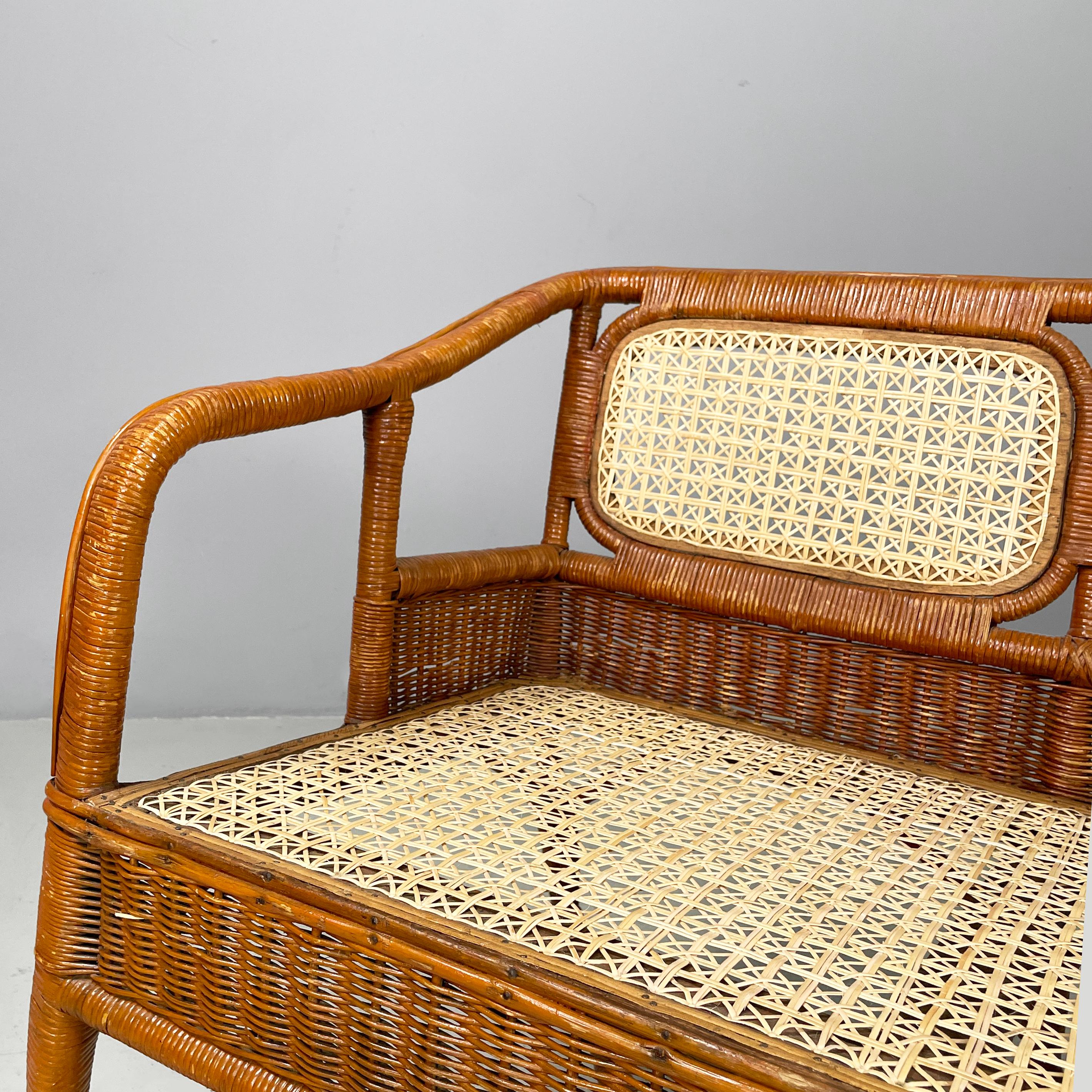 Straw Italian Mid-centrury Modern Two-seater outdoor bench in woven rattan, 1960s For Sale
