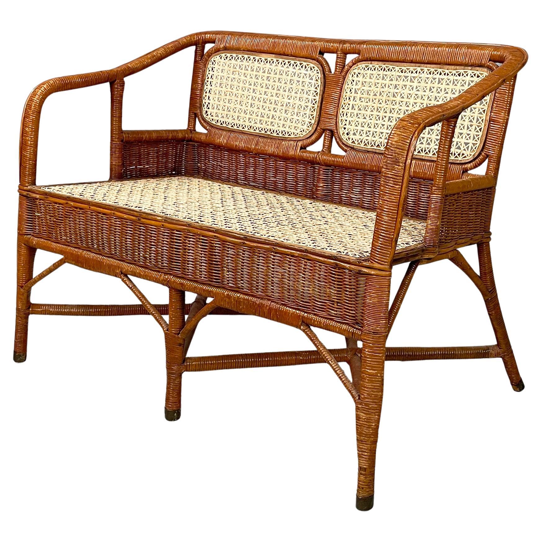 Italian Mid-centrury Modern Two-seater outdoor bench in woven rattan, 1960s