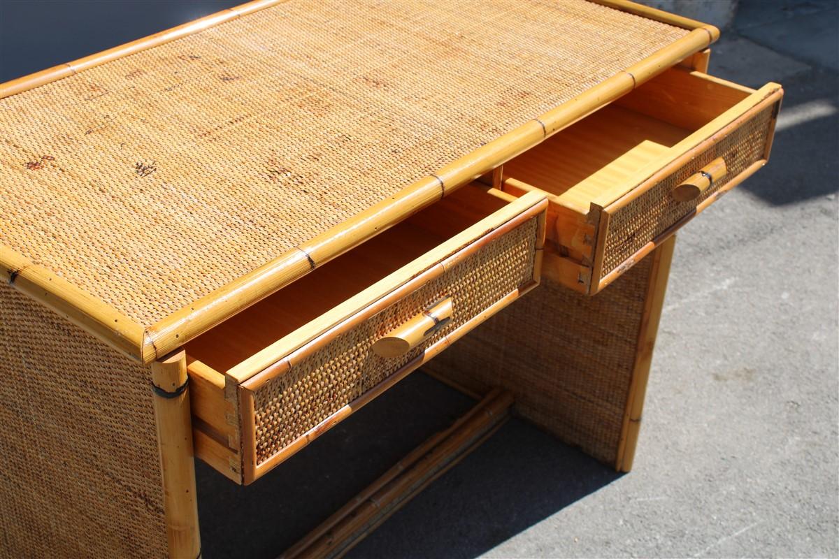 Italian Mid-Centry Desk Bamboo Rattan Italian Design Rectangular with Drawers  In Good Condition In Palermo, Sicily