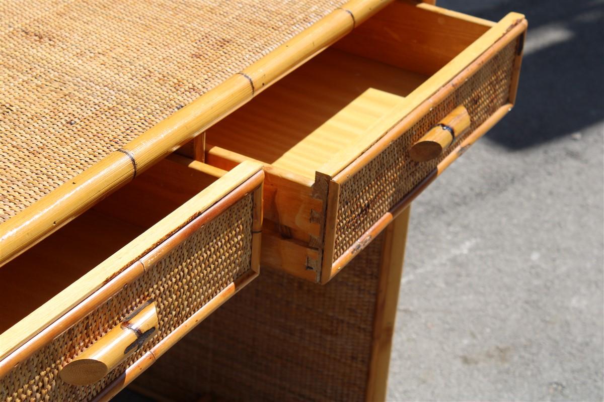 Mid-20th Century Italian Mid-Centry Desk Bamboo Rattan Italian Design Rectangular with Drawers 