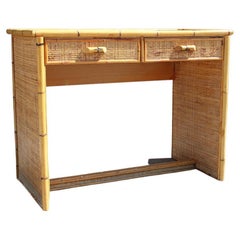 Italian Mid-Centry Desk Bamboo Rattan Italian Design Rectangular with Drawers 