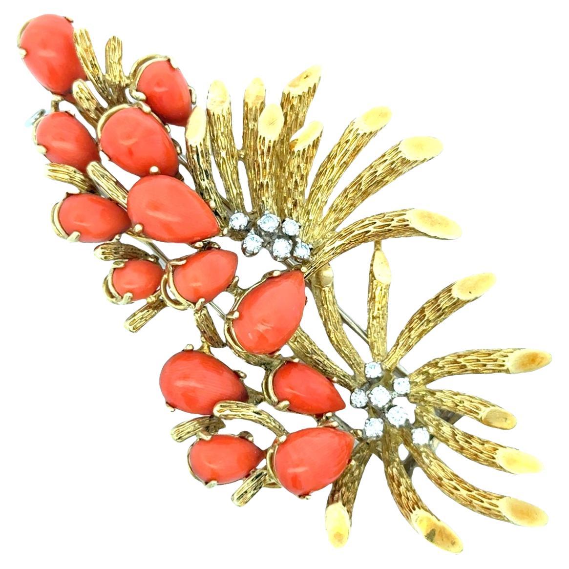Italian Mid-Century 18K Gold Coral & Diamond Floral Brooch, Circa 1970
