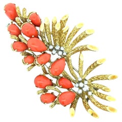Italian Mid-Century 18K Gold Coral & Diamond Floral Brooch, Circa 1970