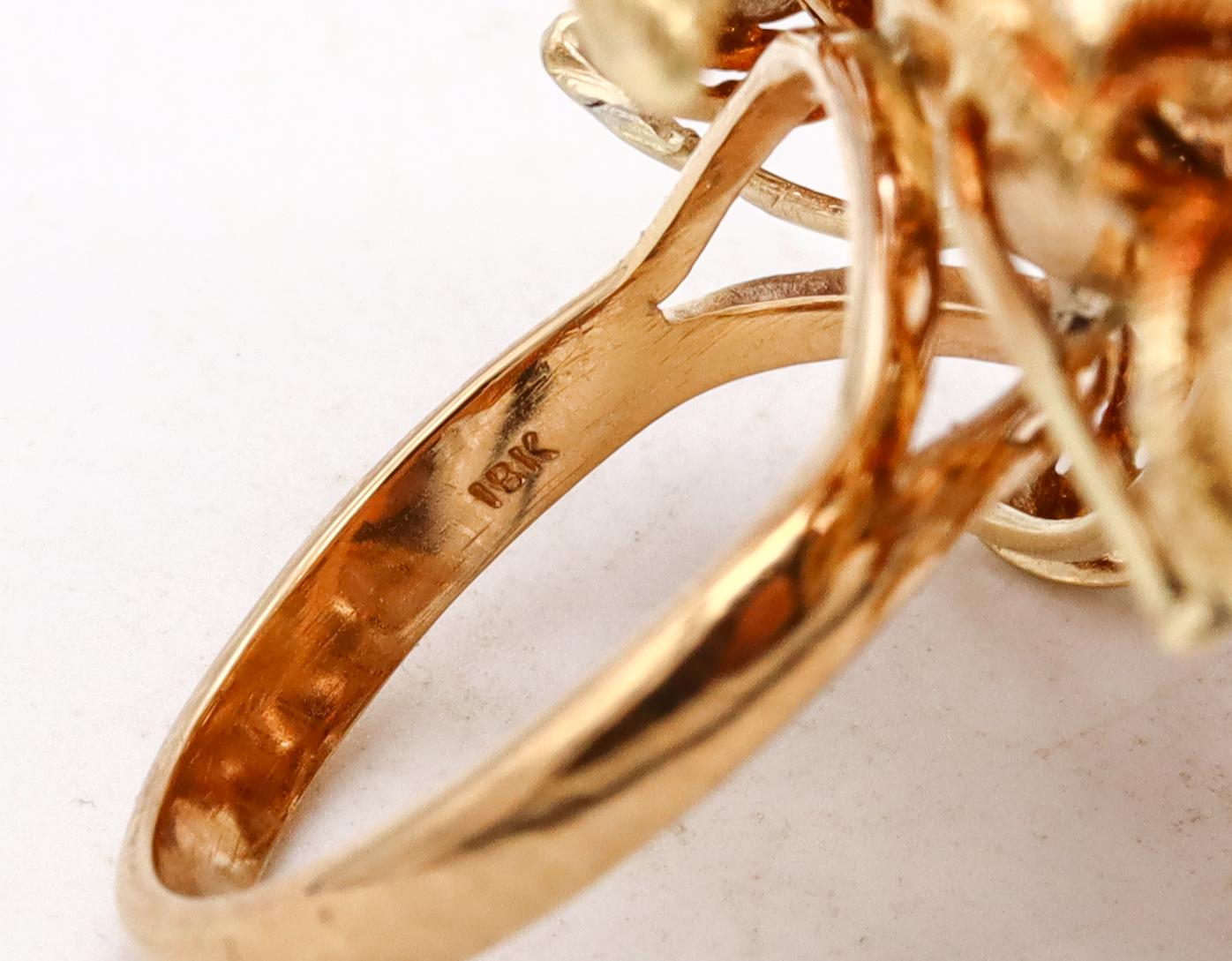 Women's Italian Mid Century 1960 Jeweled Cocktail Ring 18Kt Yellow Gold European Diamond For Sale