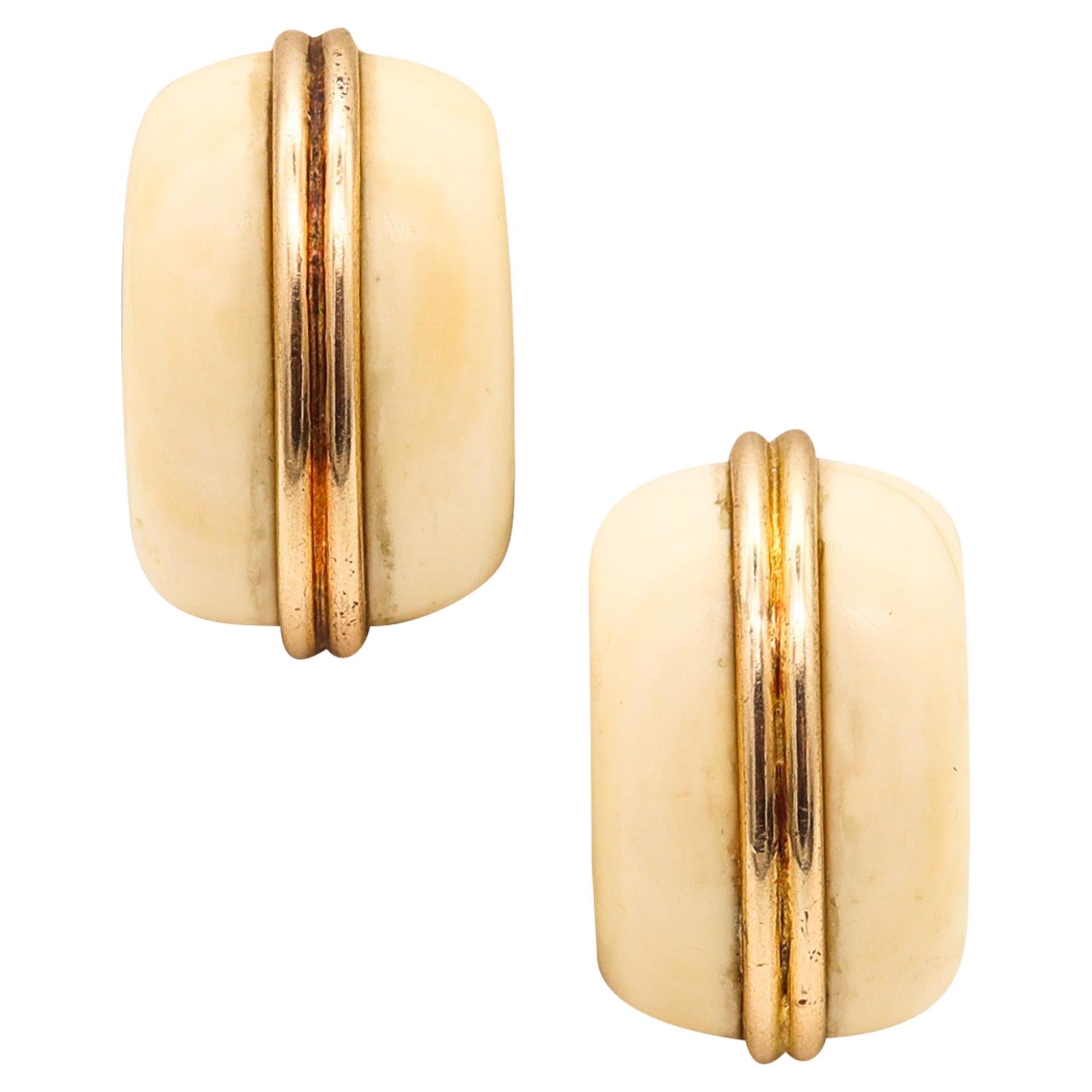 Italian Mid Century 1960 Modernist Hoop Earrings In 14Kt Yellow Gold & Carvings