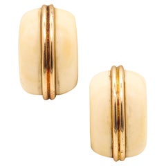 Vintage Italian Mid Century 1960 Modernist Hoop Earrings In 14Kt Yellow Gold & Carvings