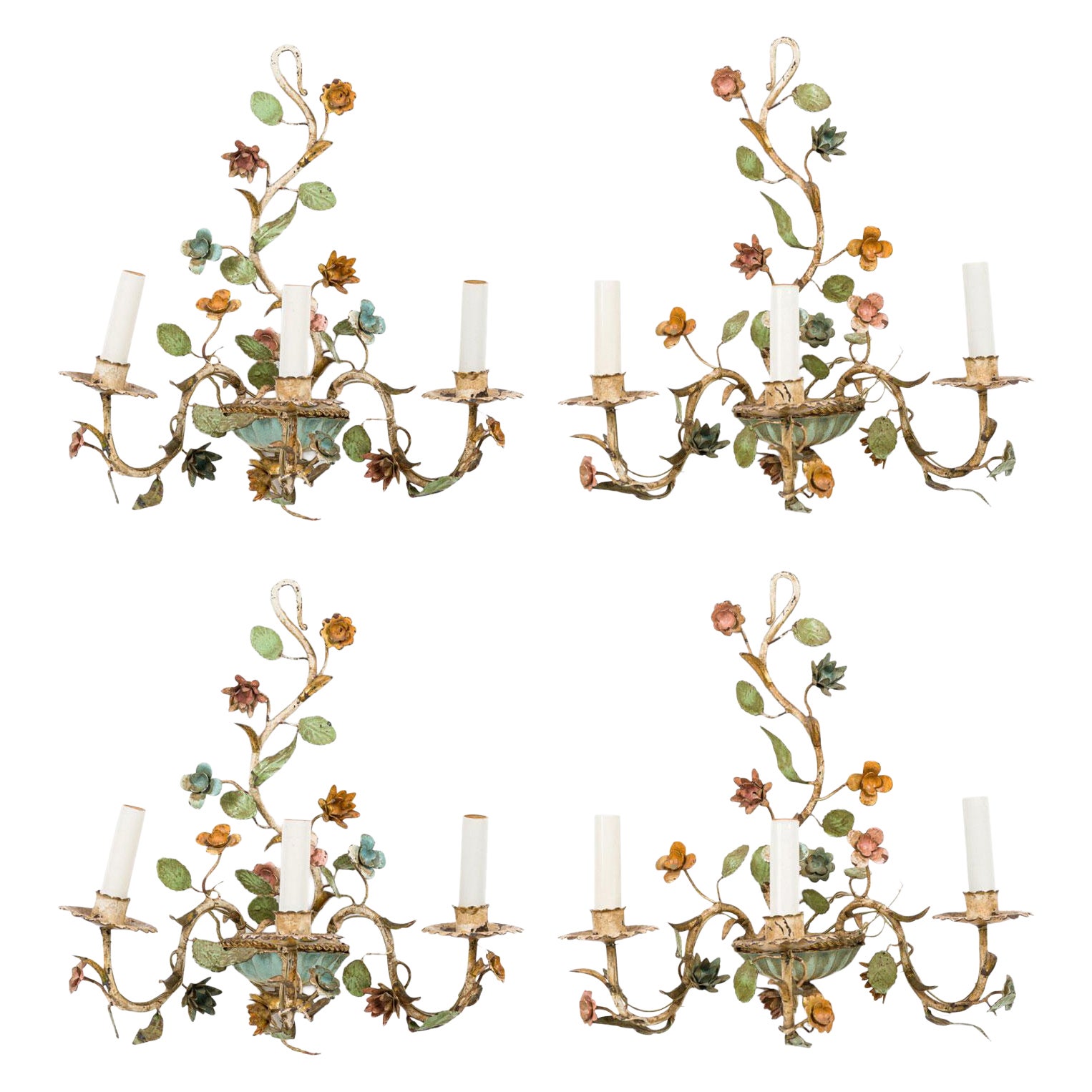 Italian Mid-Century 3 Armed Tole Flower Wall Sconce