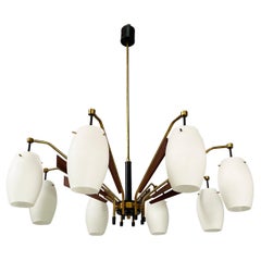 Italian mid-century 8-light chandelier in opaline glass brass metal wood, 1950s