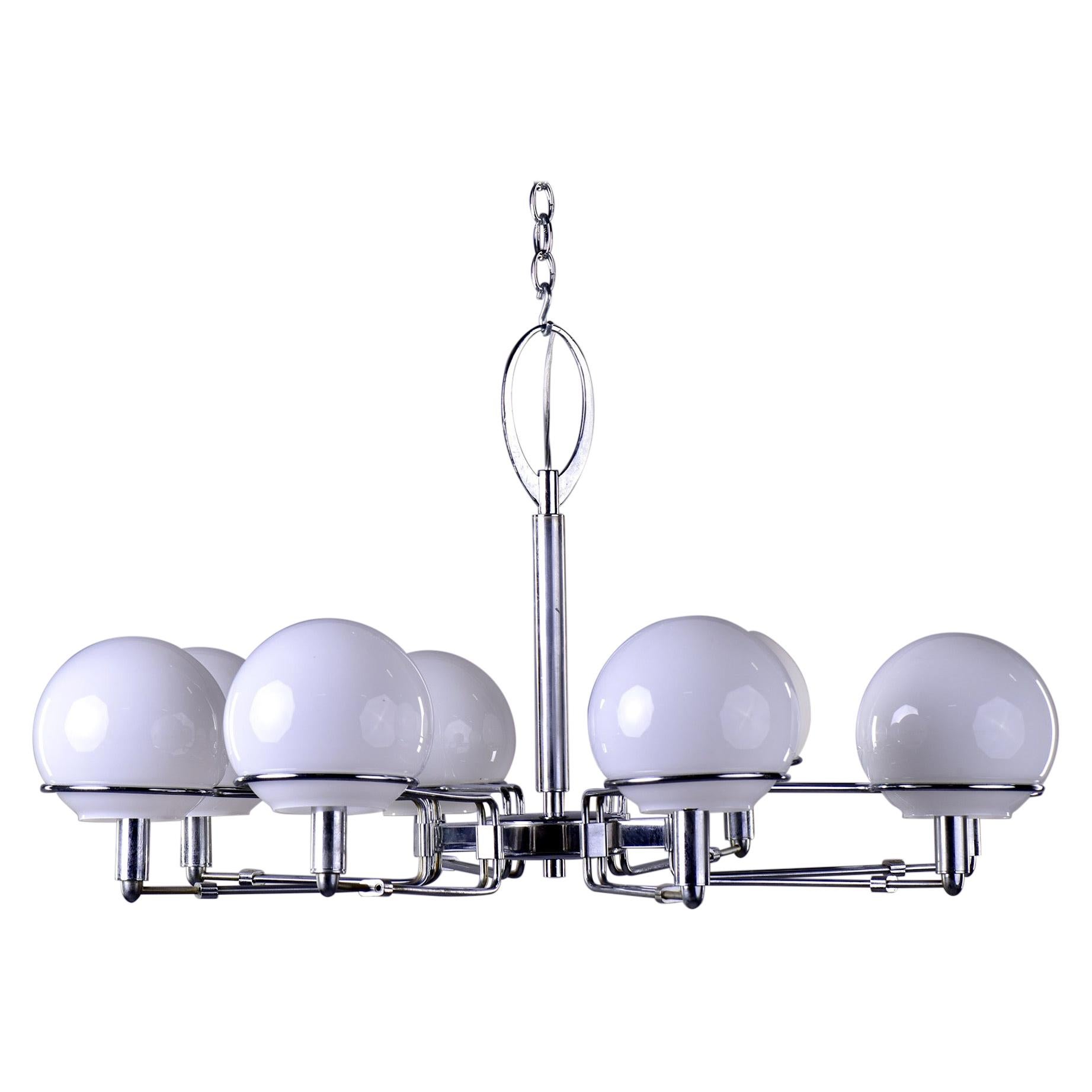 Italian Mid Century 8 Light Fixture with White Globes and Chrome Base