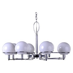 Vintage Italian Mid Century 8 Light Fixture with White Globes and Chrome Base