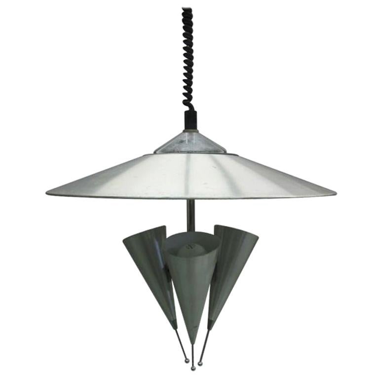 Midcentury Adjustable Aluminum Triple Reflector Pendant Attributed to Stilnovo For Sale