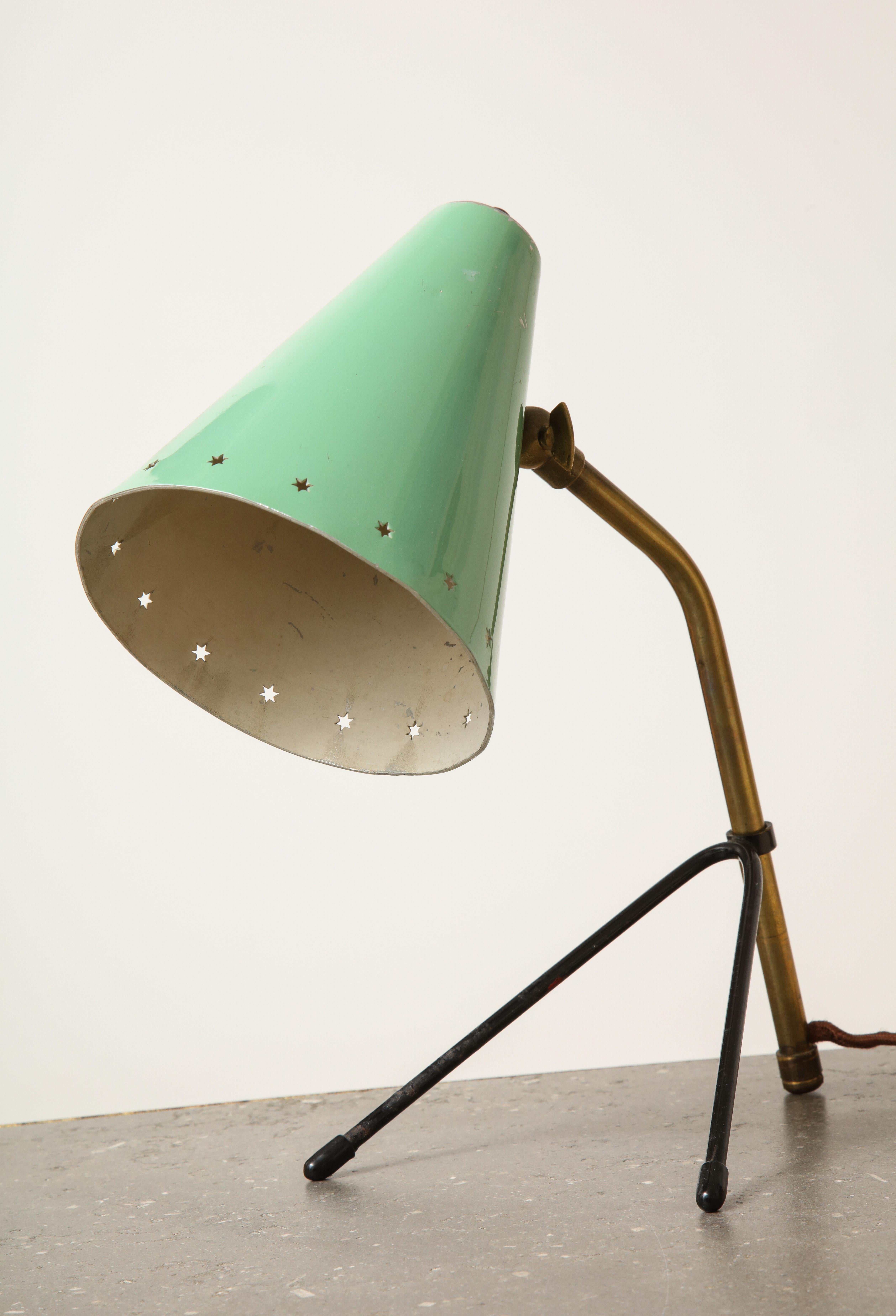 Painted Italian Midcentury Adjustable Brass Desk Lamp with Mint Green Shade