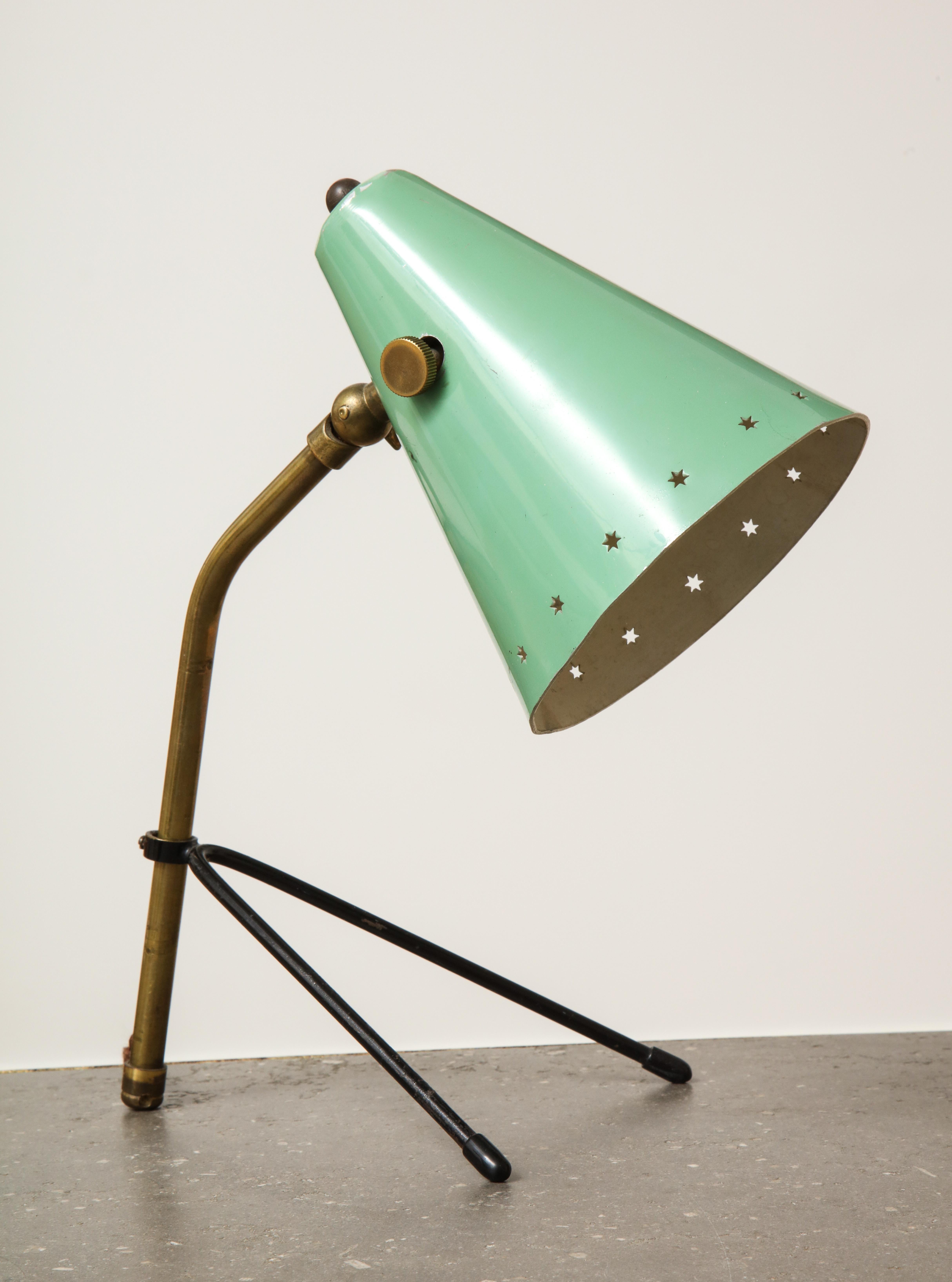 Italian Midcentury Adjustable Brass Desk Lamp with Mint Green Shade In Good Condition In Chicago, IL