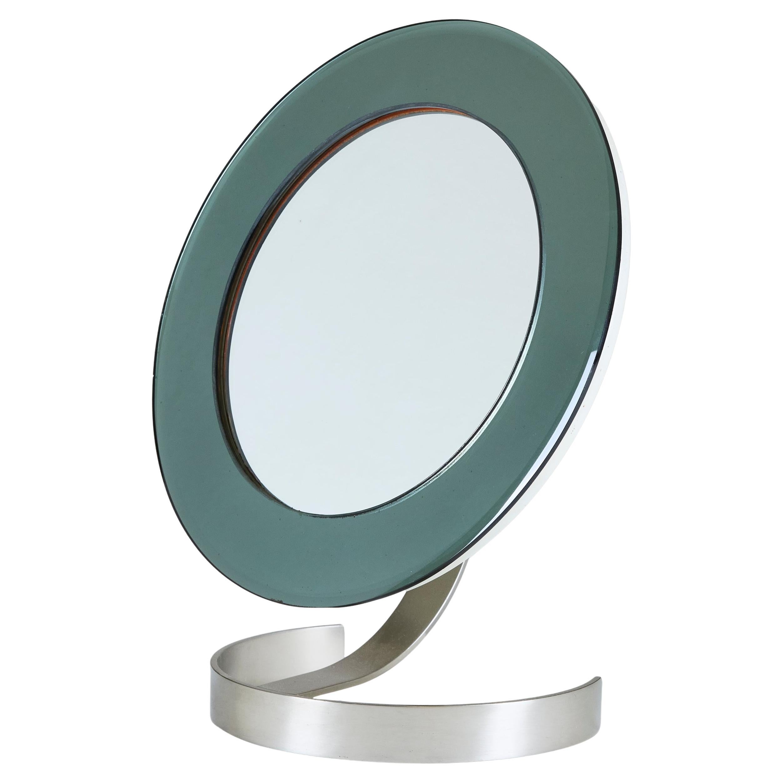 Late 20th Century Italian Mid-century adjustable circular table mirror with polished nickel base For Sale