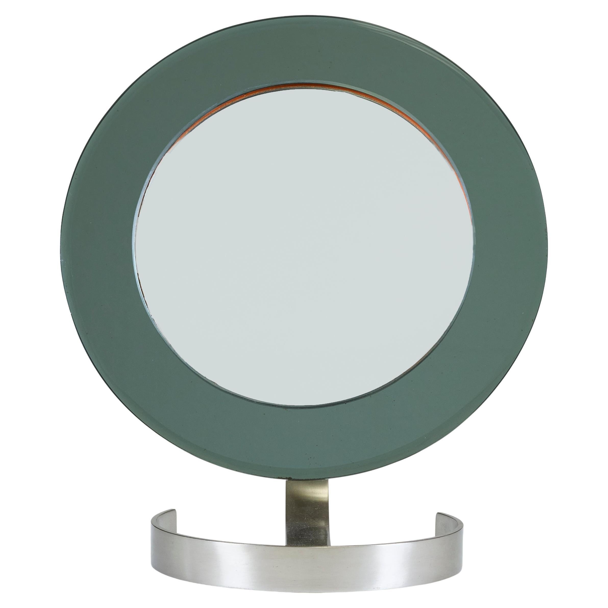 Italian Mid-century adjustable circular table mirror with polished nickel base For Sale 1